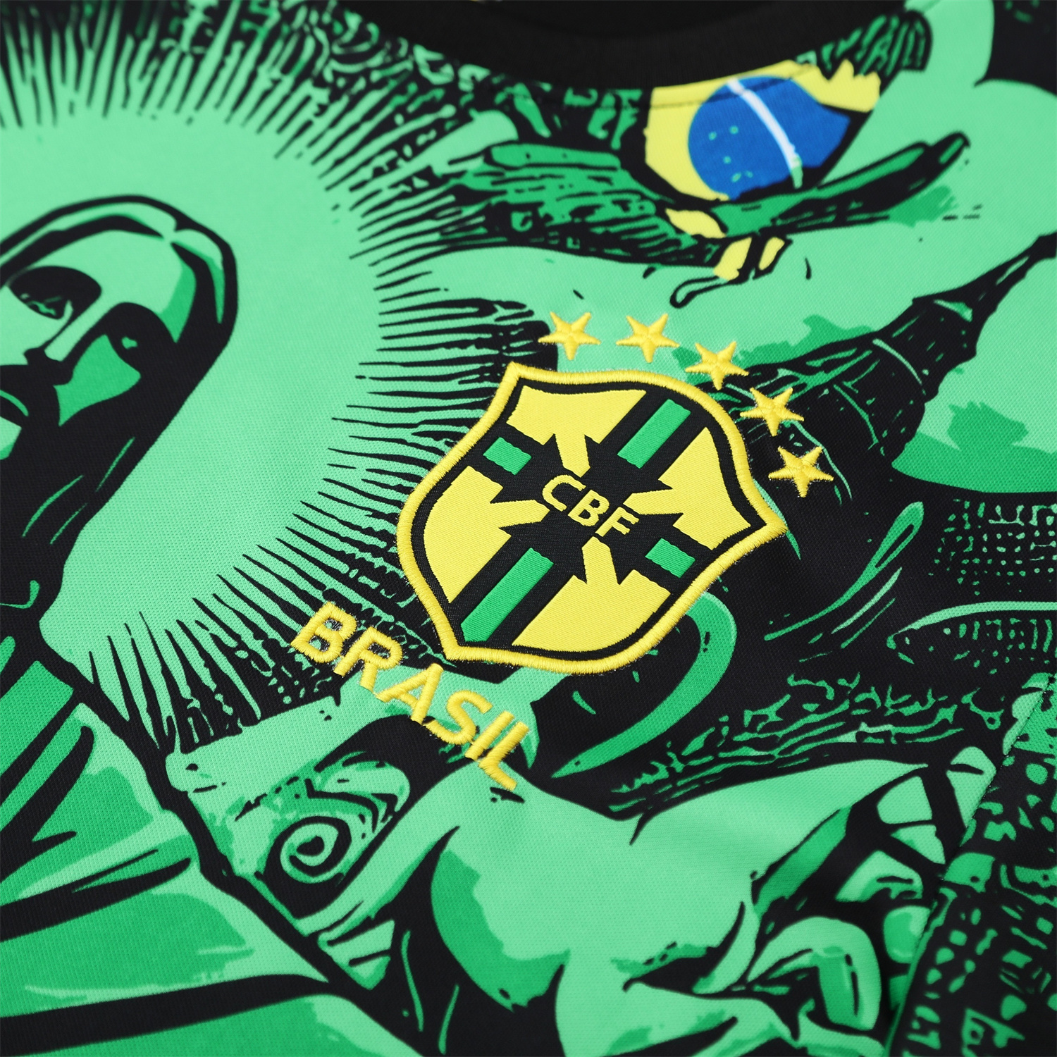 AlphaJersey-Brazil 25-26 Green Jesus Statue Short-Sleeve Training Set - Green Top & Black Shorts