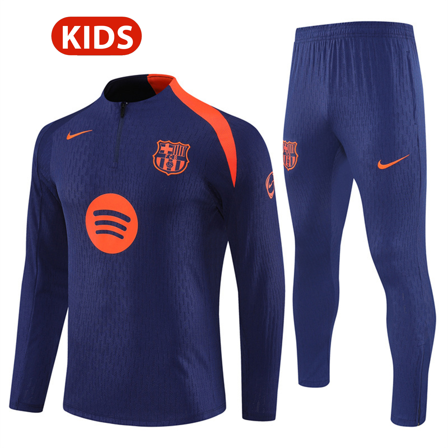 AlphaJersey-Barcelona 25-26 Kids Long Sleeve Training Set - Royal Blue Top Orange Sponsor & Royal Blue Pants