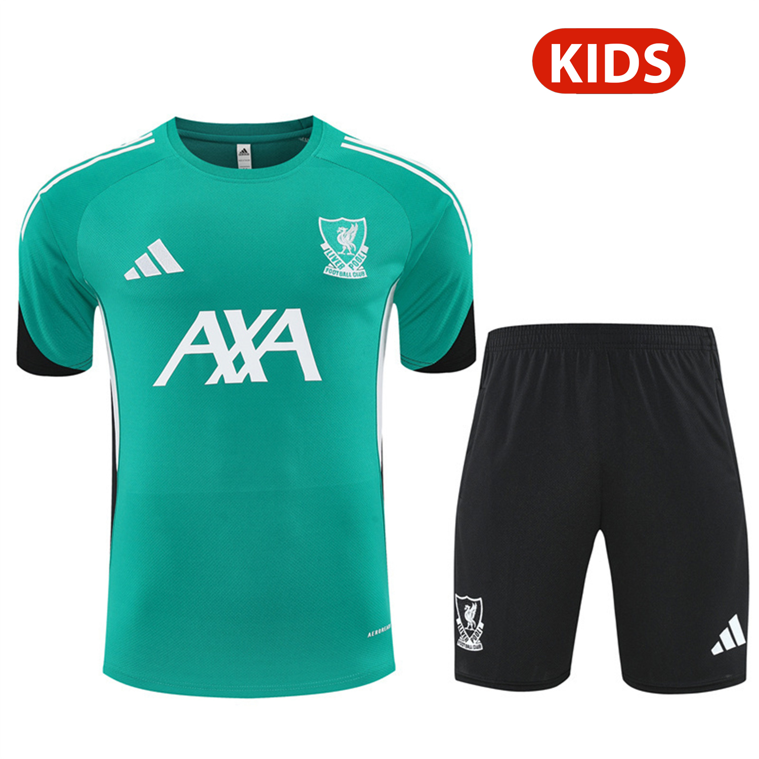 AlphaJersey-Liver.pool 25-26 Kids Short-Sleeve Training Set - Green Top & Black Shorts