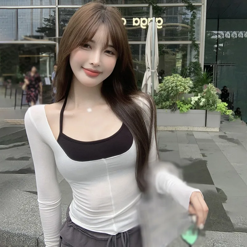 Spring Slim Long Sleeves T-shirt Women's Short Camisole Summer Outdoor Street Mall Shopping Tops Cooling Clothes Two Piece Set