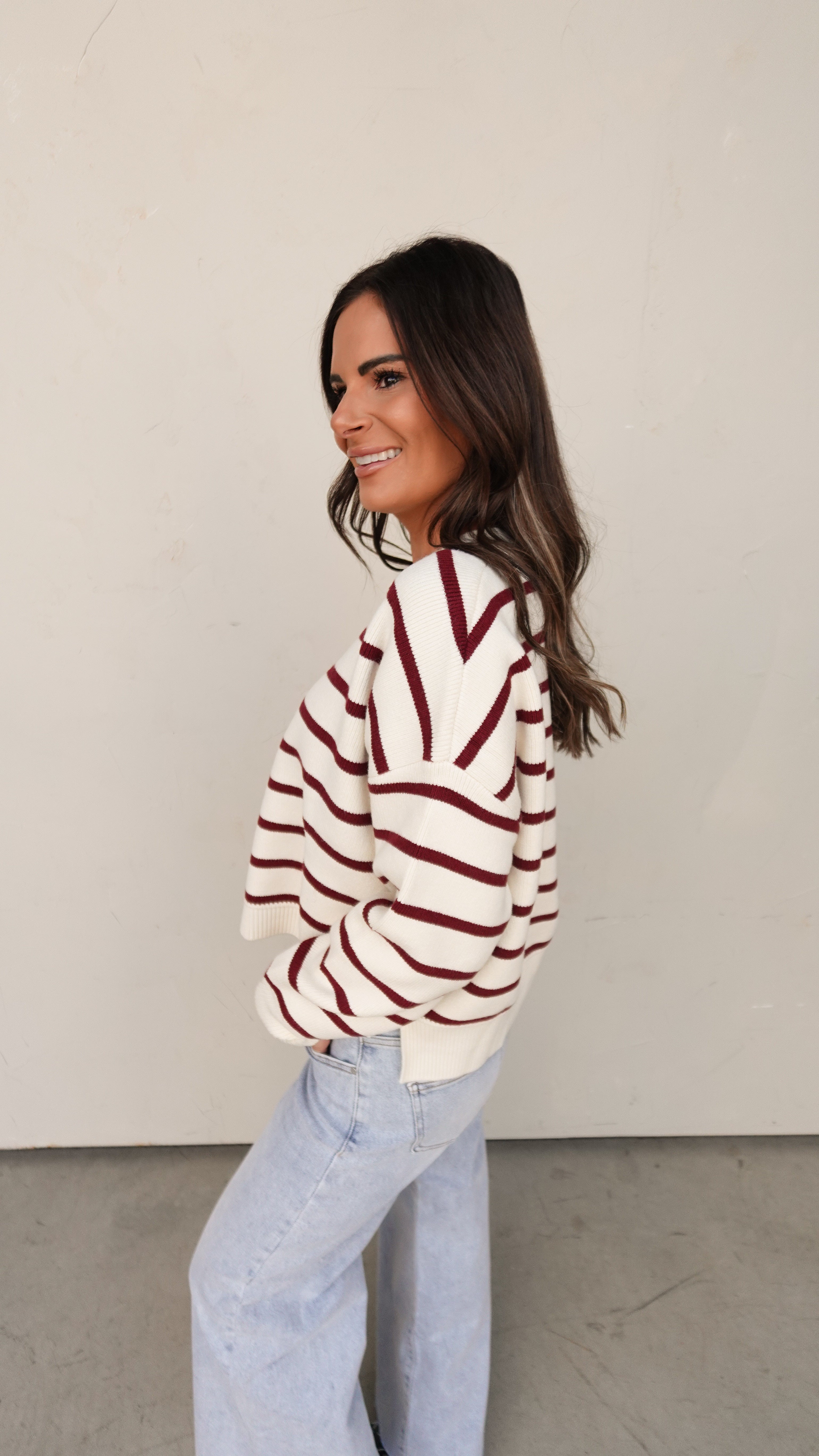 Ivory/Burgundy Striped Sweater | Elegant Women's Fashion by coolavocek