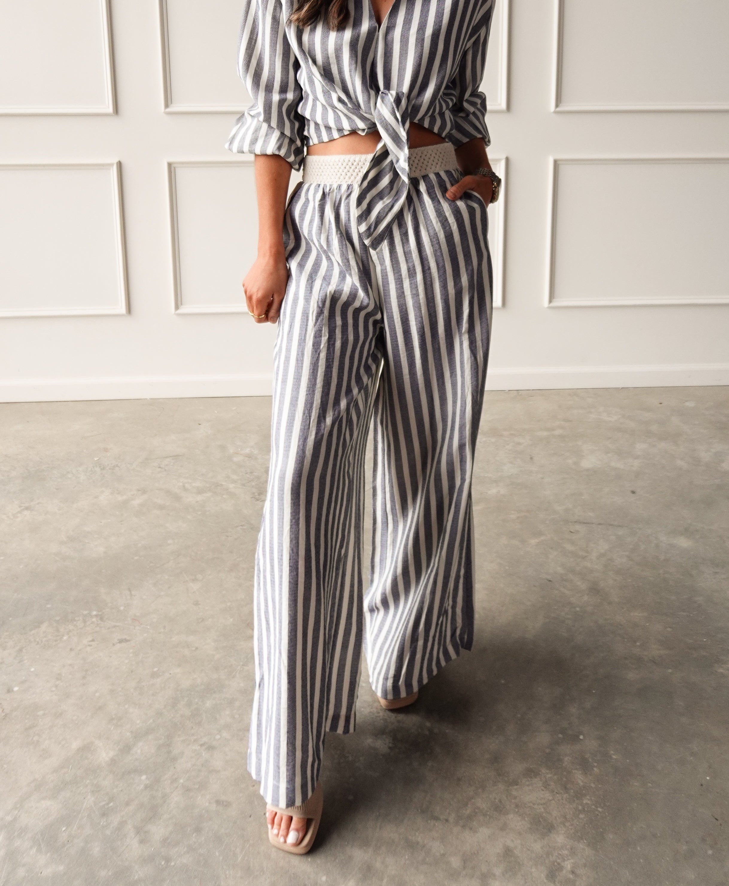 Chambray Striped Elastic Waist Pant | Elegant Women's Fashion by coolavocek
