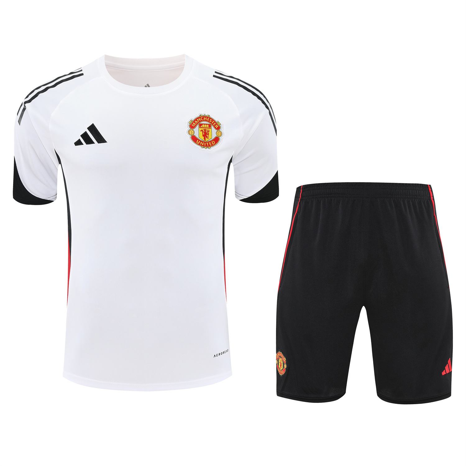 AlphaJersey-Manchester United 25-26 Short-Sleeve Training Set - Red Black Blocks White Top & Black Shorts