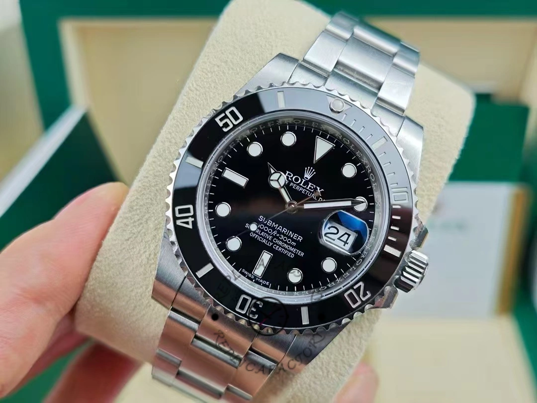 Angled front view of Rolex Submariner Date 126610LN with black ceramic bezel and cyclops lens.