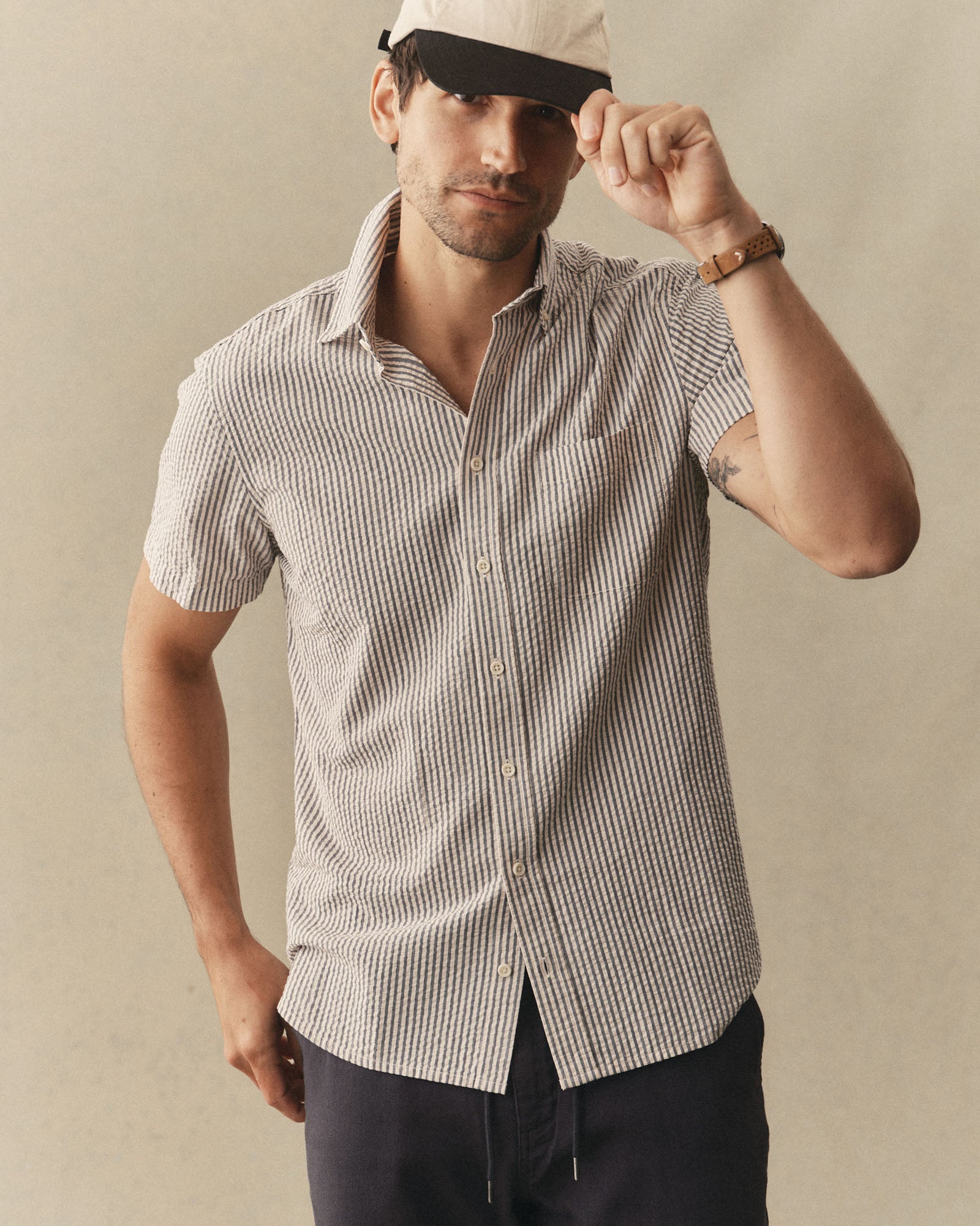 The Short Sleeve Jack in Steel Blue Stripe Seersucker | Modern Menswear by yycbvcnbmmnbm