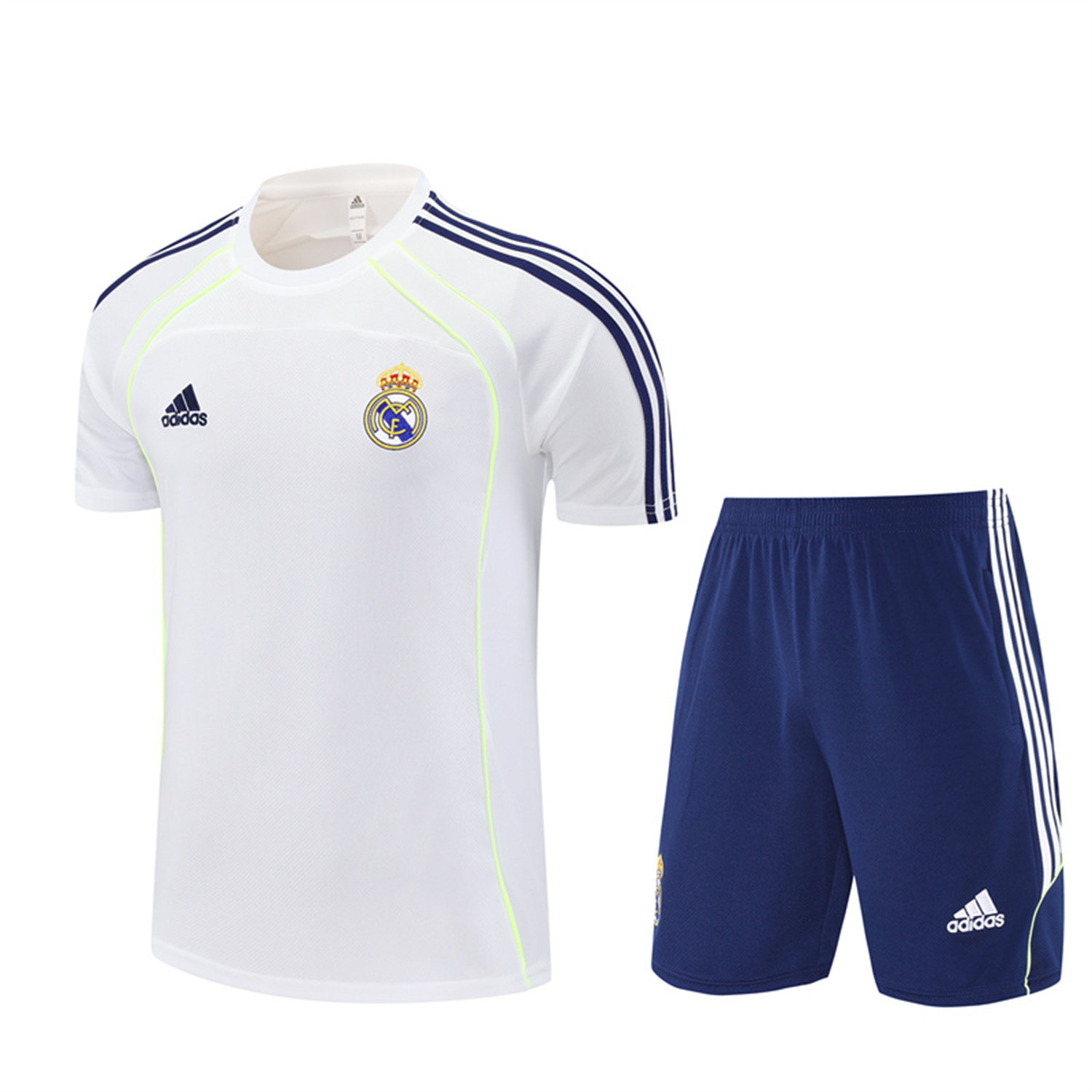 AlphaJersey-Real Madrid 25-26 Short-Sleeve Training Set - White Urban Purist Style Top and Blue Shorts