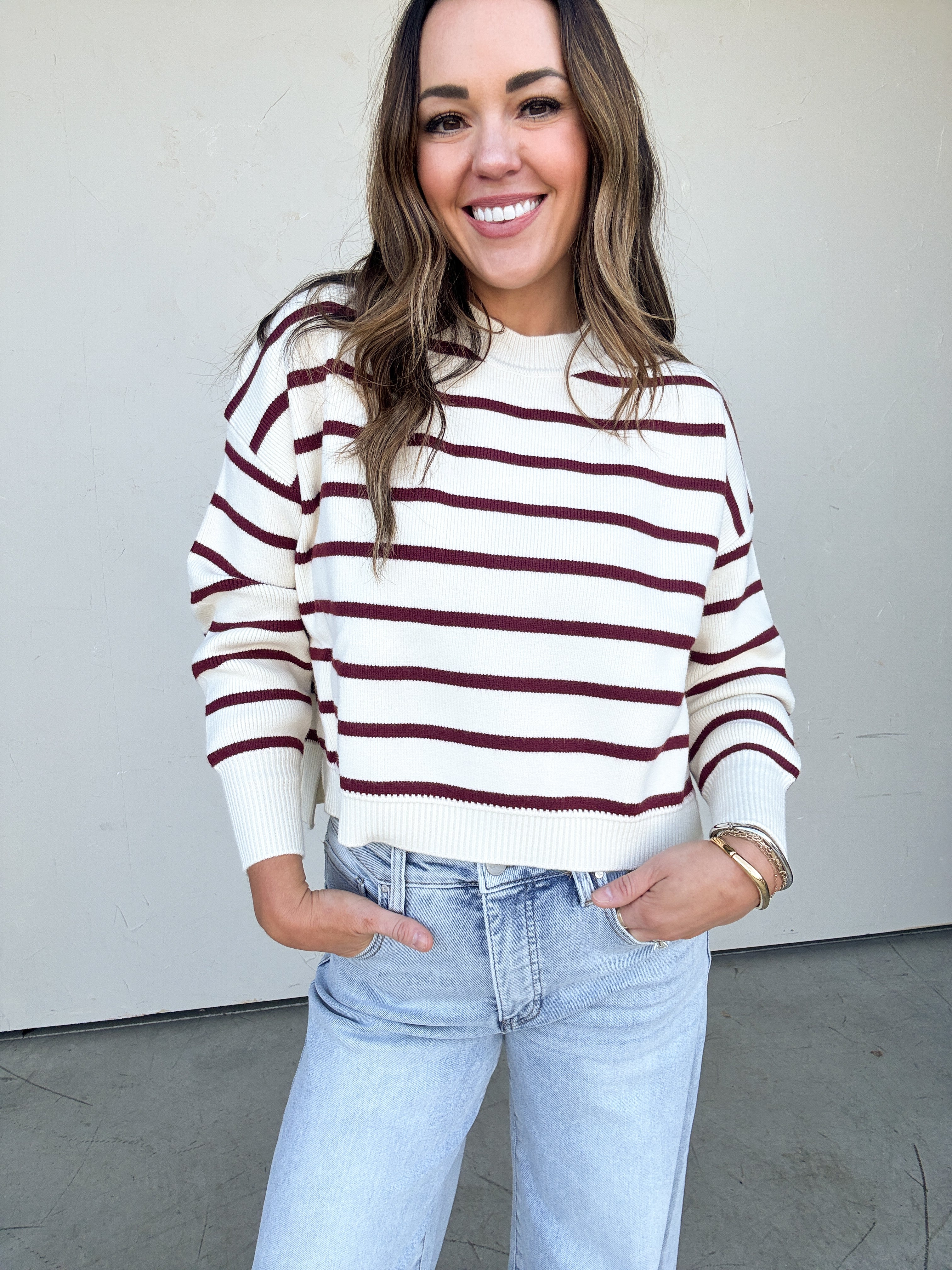 Ivory/Burgundy Striped Sweater | Elegant Women's Fashion by coolavocek