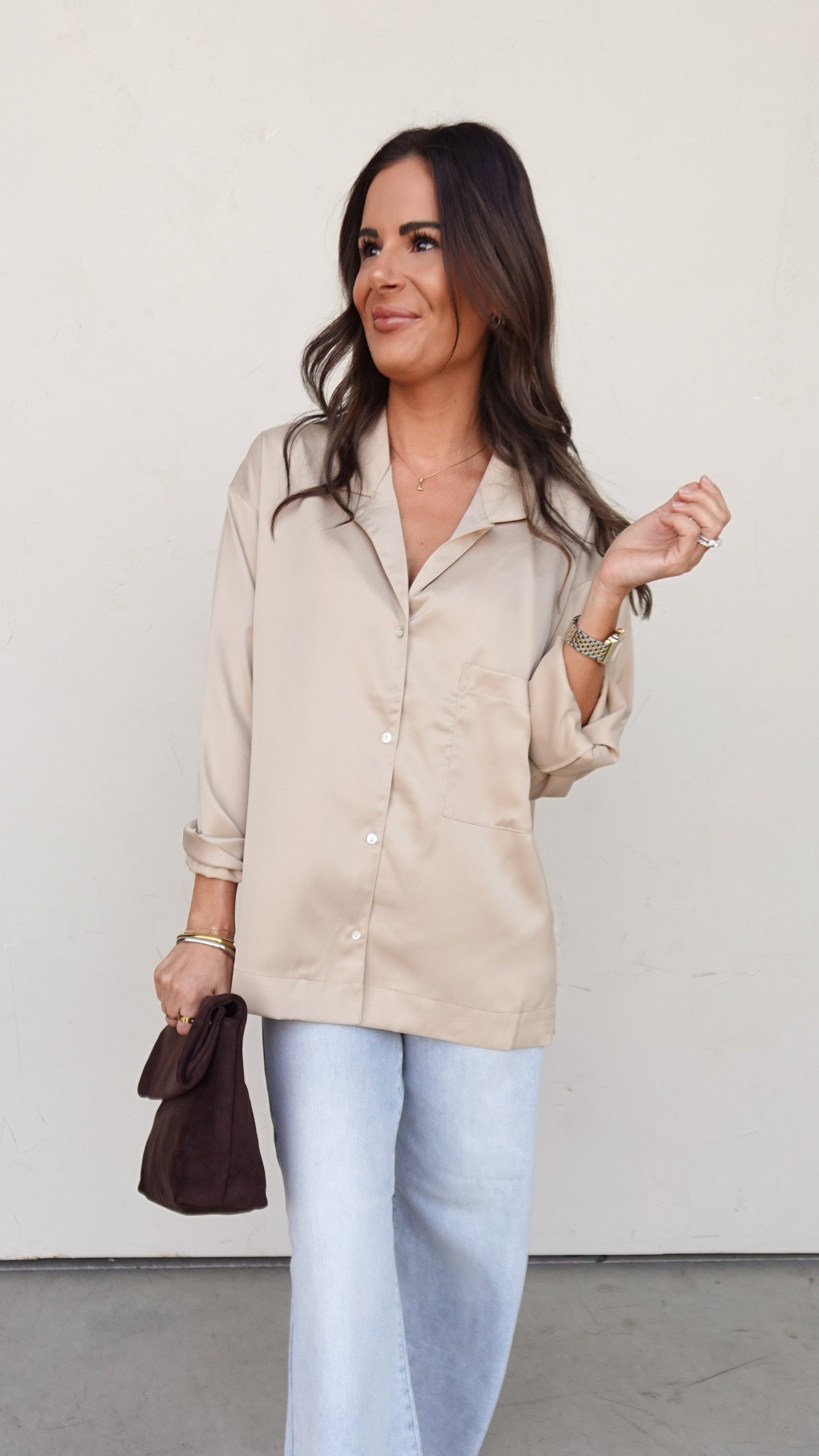 Champagne Satin Button-Up Top | Elegant Women's Fashion by coolavocek