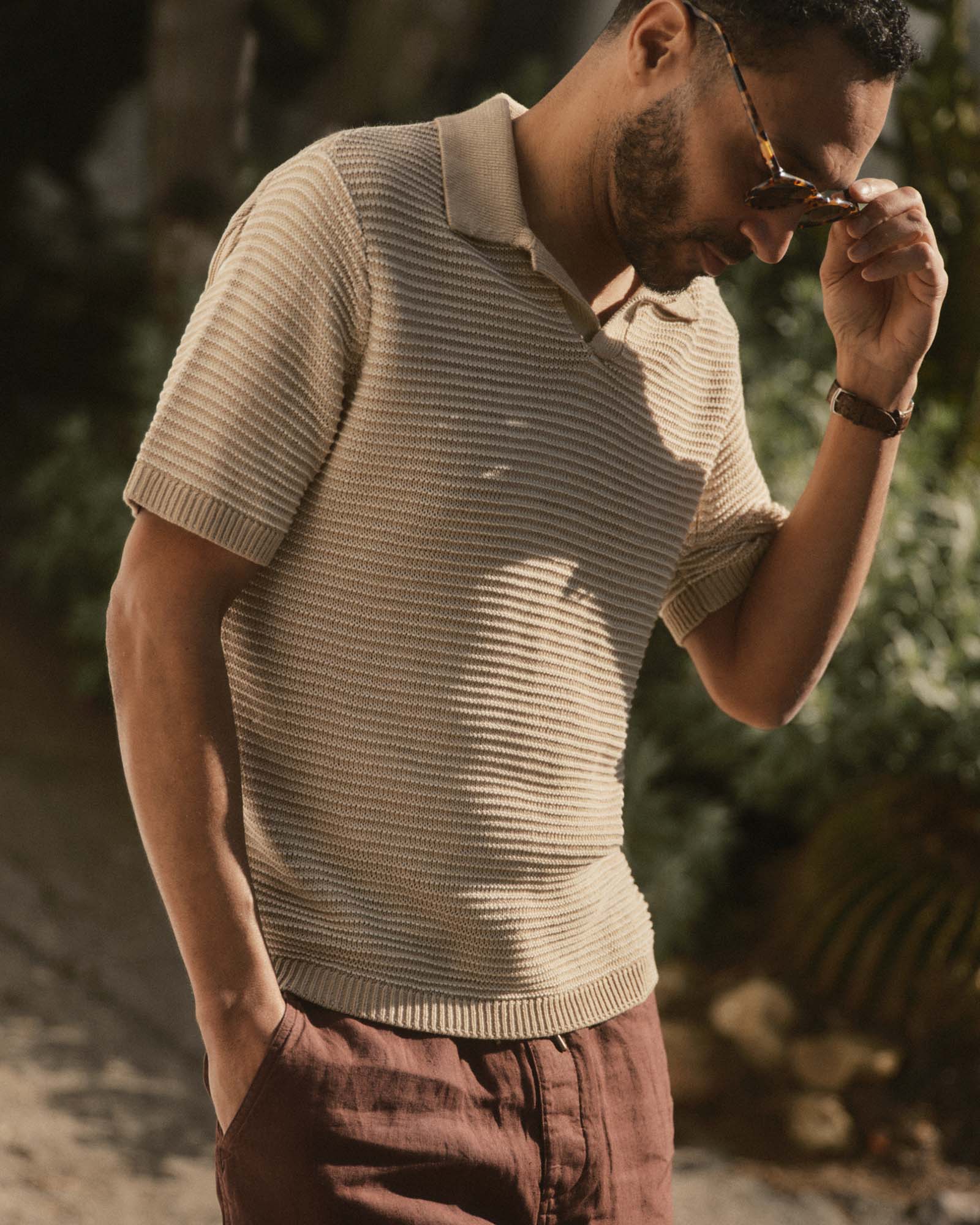The Valencia Sweater Polo in Sand Stripe | Modern Menswear by yycbvcnbmmnbm