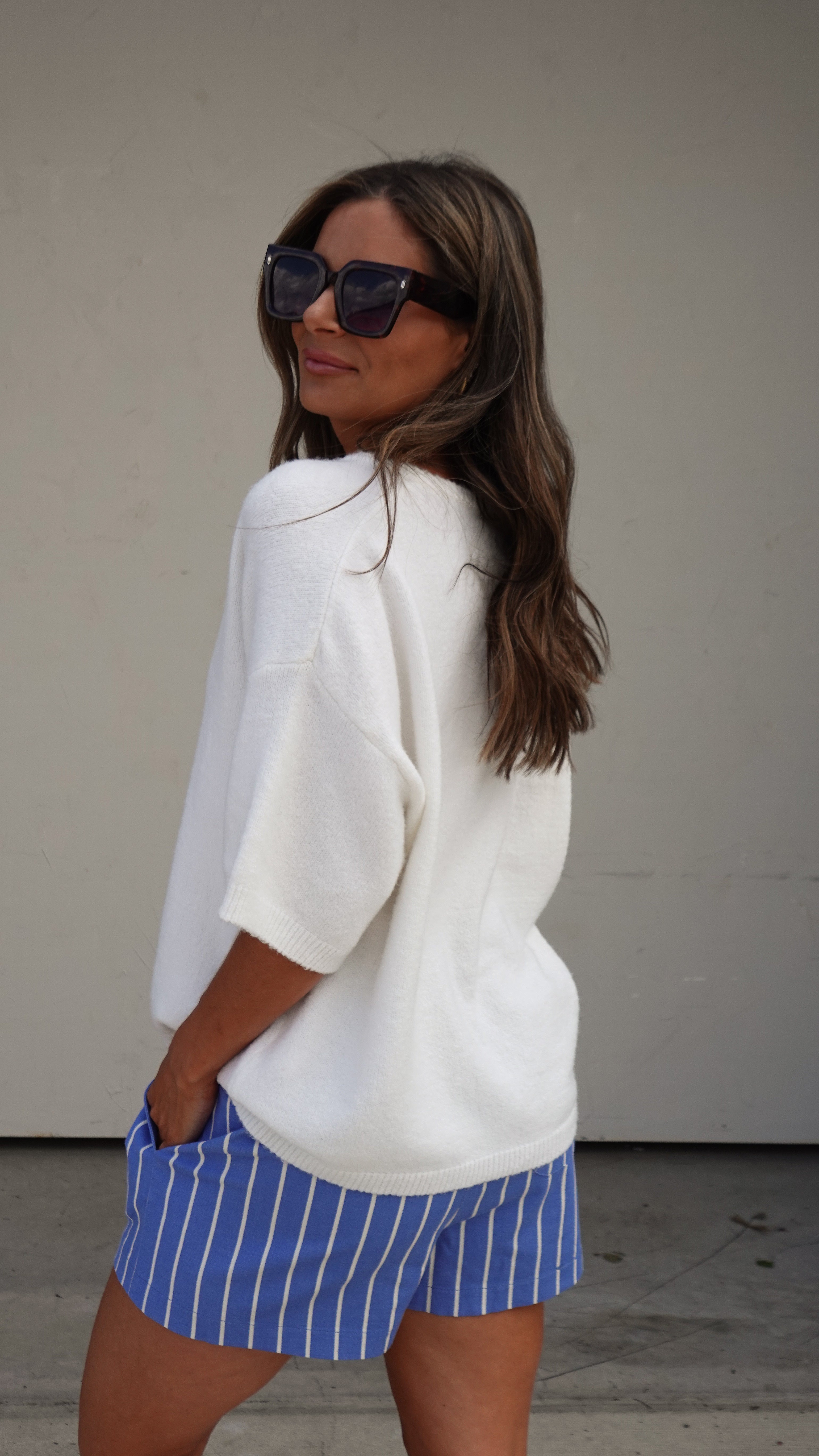 Blue Striped Elastic Waist Shorts | Elegant Women's Fashion by coolavocek