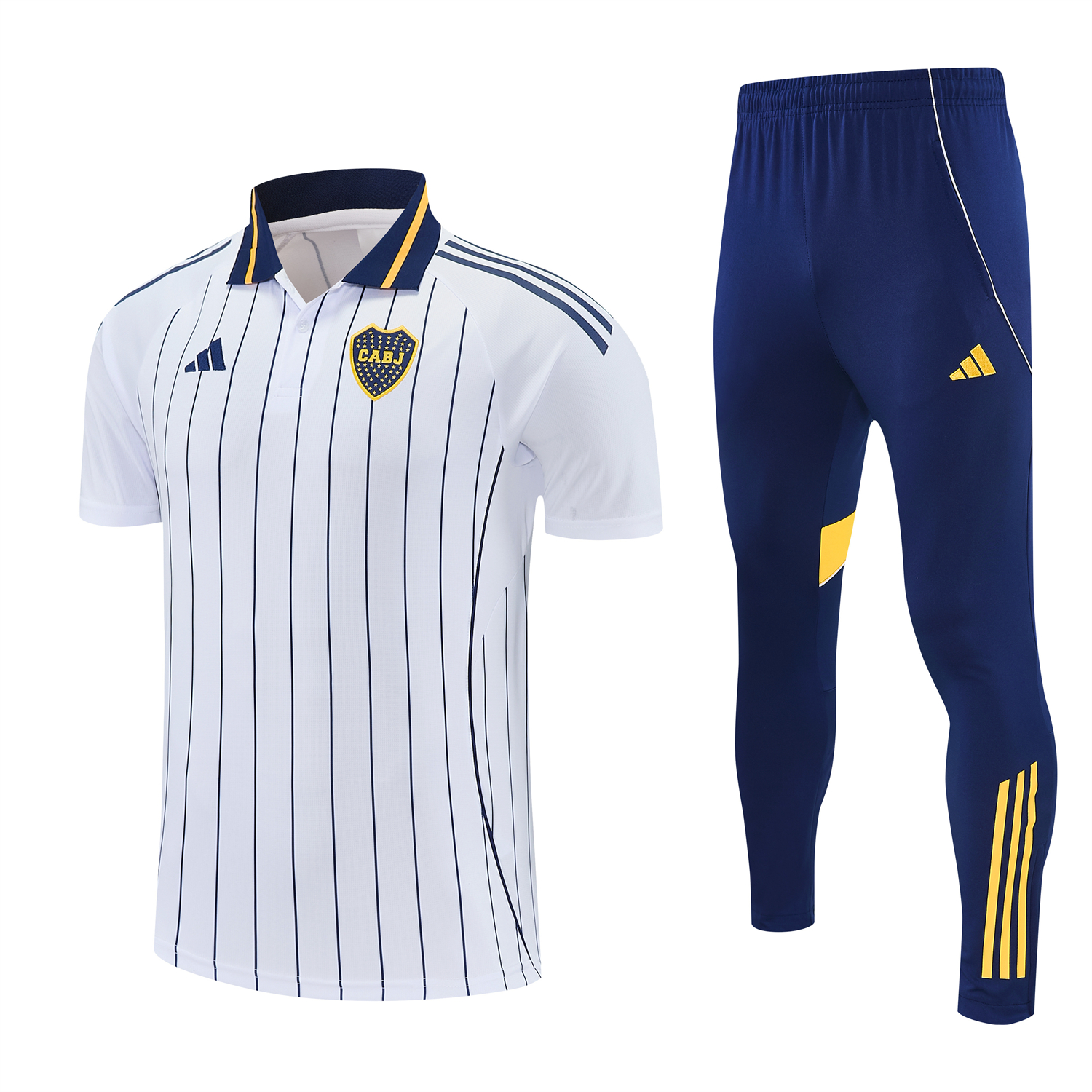 AlphaJersey-Boca Juniors 25-26 POLO Short-Sleeve Training Set - White Top and Dark Blue Pants