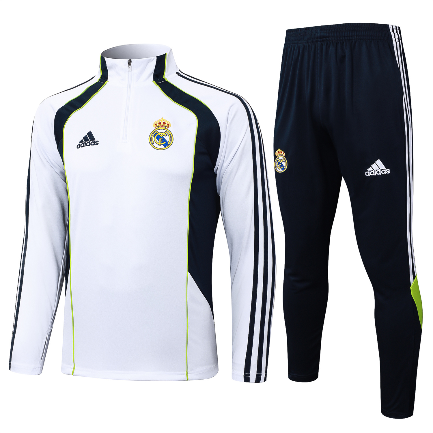 AlphaJersey-Real Madrid 25-26 Long Sleeve Training Set - White Urban Purist Style and Deep Blue Pants