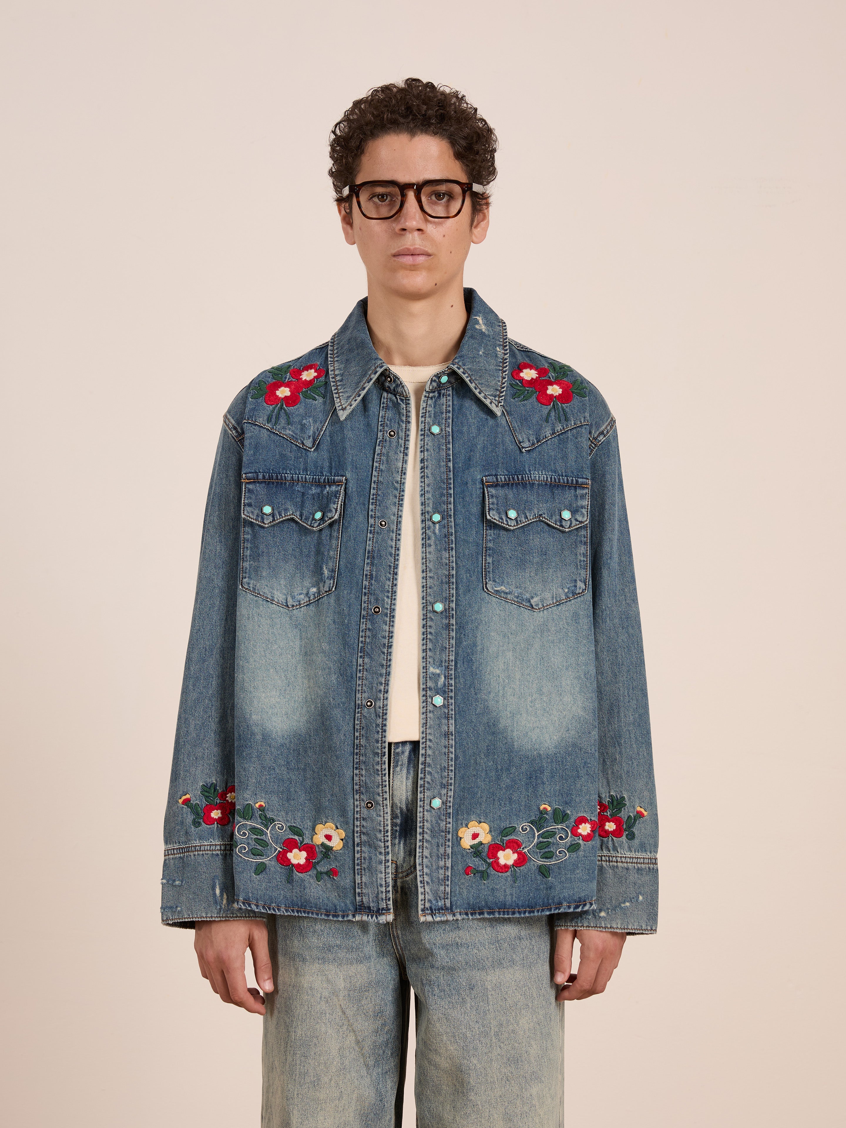 Floral Embroidered Western Denim Shirt | Modern Menswear by yycbvcnbmmnbm