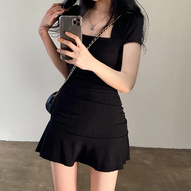 ZOKI Ruched Black Dress Women Square Collar Short Sleeve Slim Mini Dress Summer Korean Fashion Folds Ruffles Bodycon Sundress