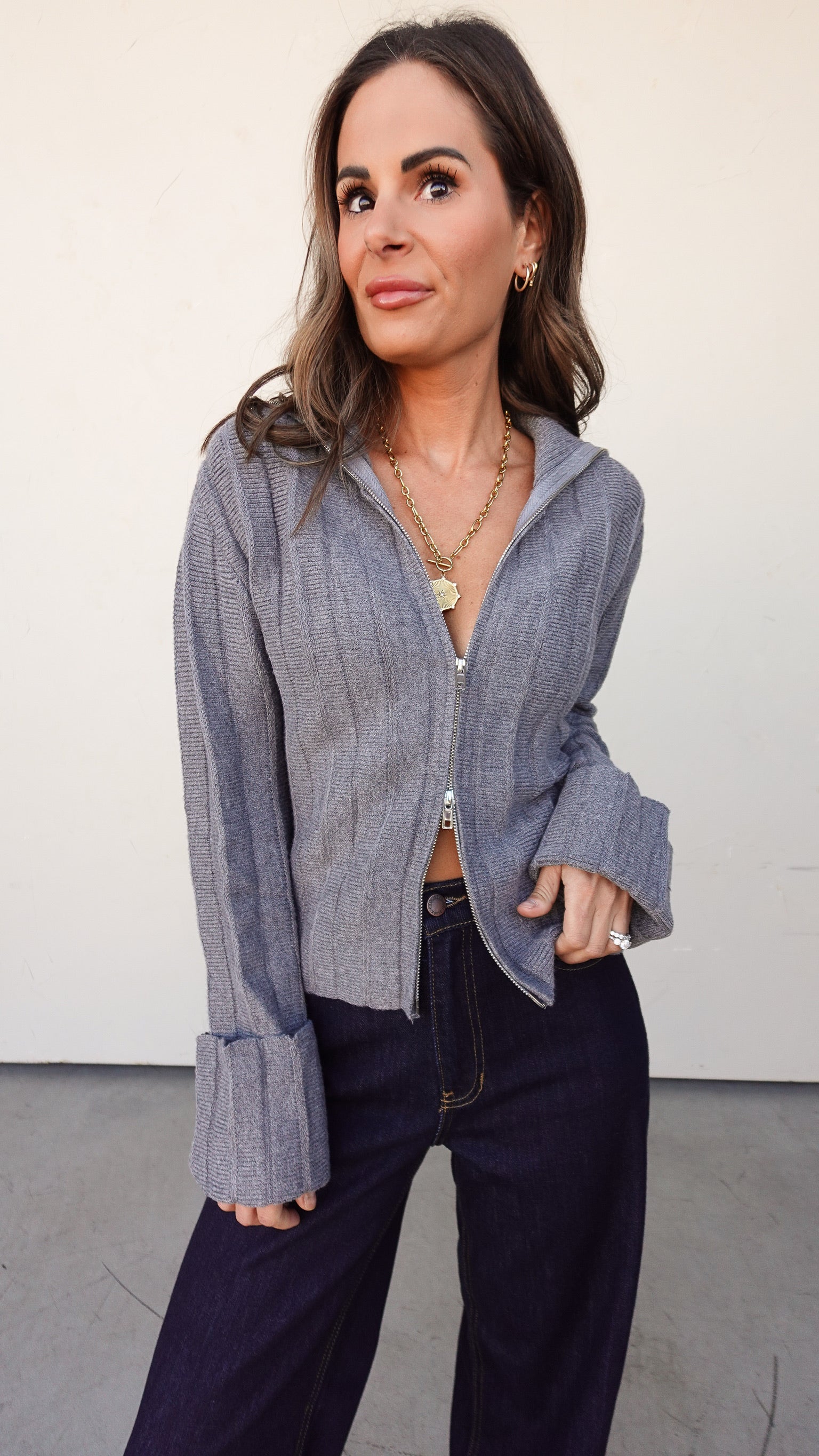 Gray Collared Zip-Up Sweater | Elegant Women's Fashion by coolavocek