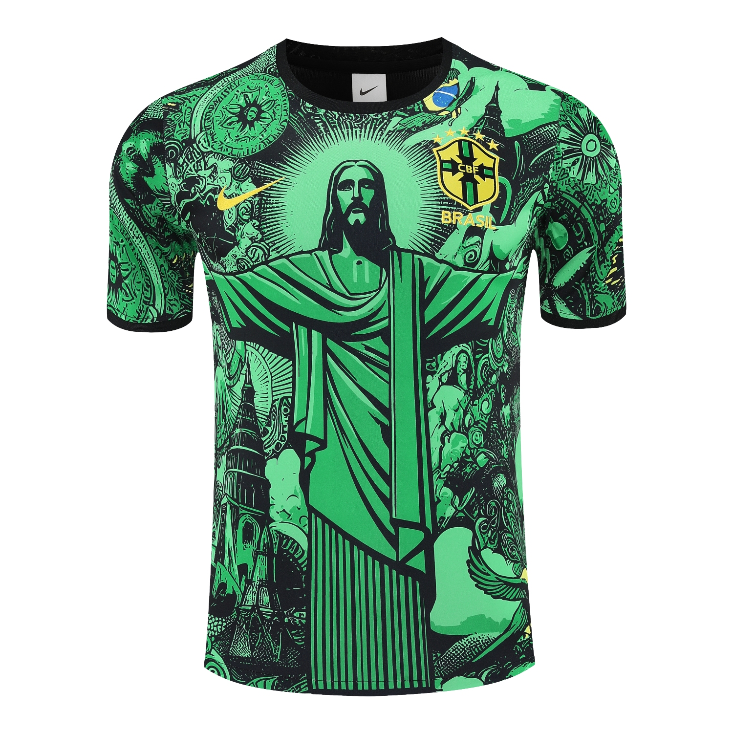 AlphaJersey-Brazil 25-26 Green Jesus Statue Short-Sleeve Training Set - Green Top & Black Shorts