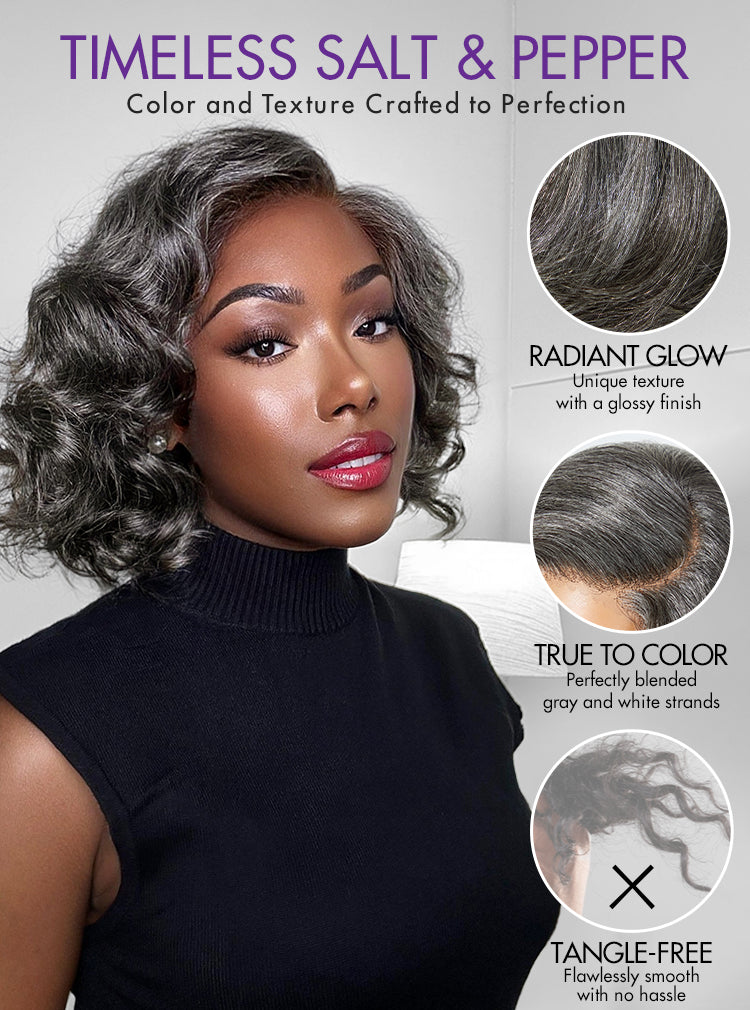Elegant Salt & Pepper Grey Wig Loose Body Wave Glueless Minimalist Lace Short Wig Pre-Cut Lace