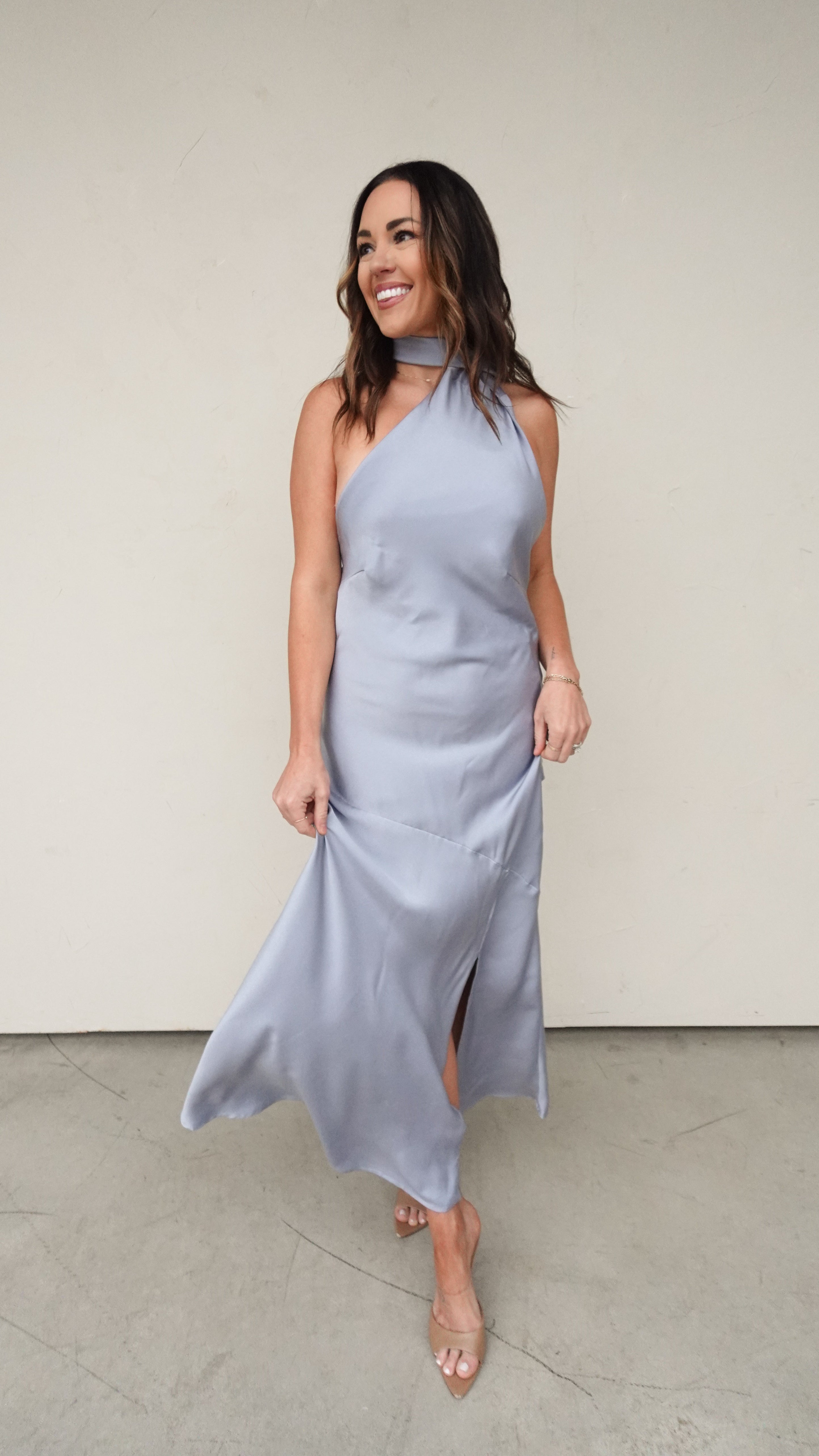 Dusty Blue Open-Back Satin Dress | Elegant Women's Fashion by coolavocek