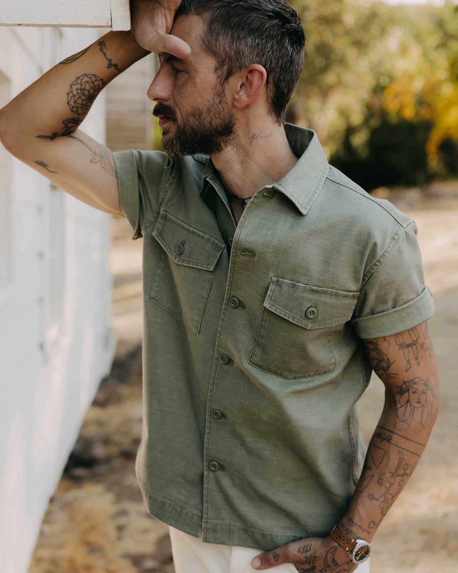 The Short Sleeve Surplus Shirt in Field Olive Reverse Sateen | Modern Menswear by yycbvcnbmmnbm