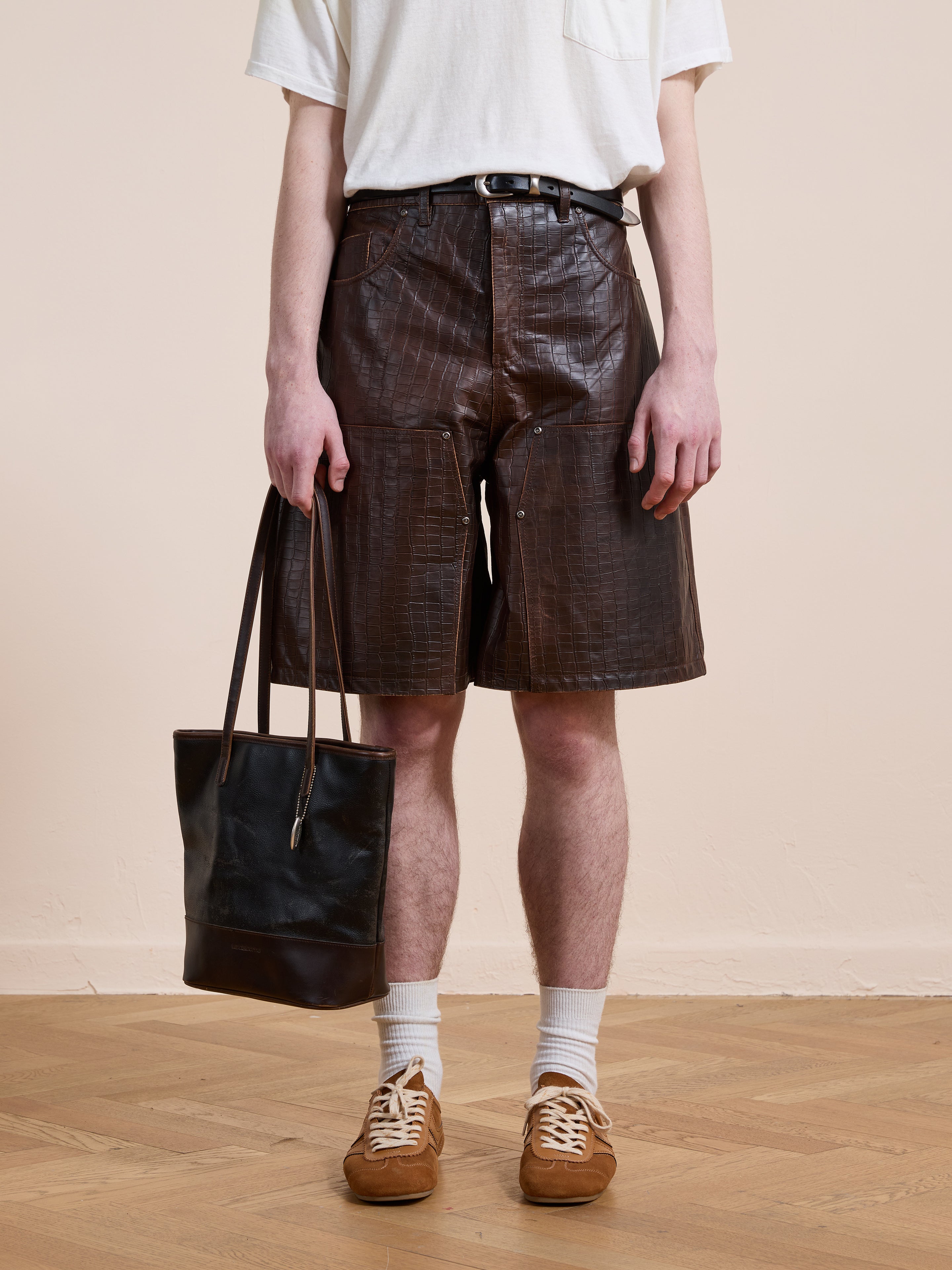 Distressed Croc Embossed Leather Shorts | Modern Menswear by yycbvcnbmmnbm
