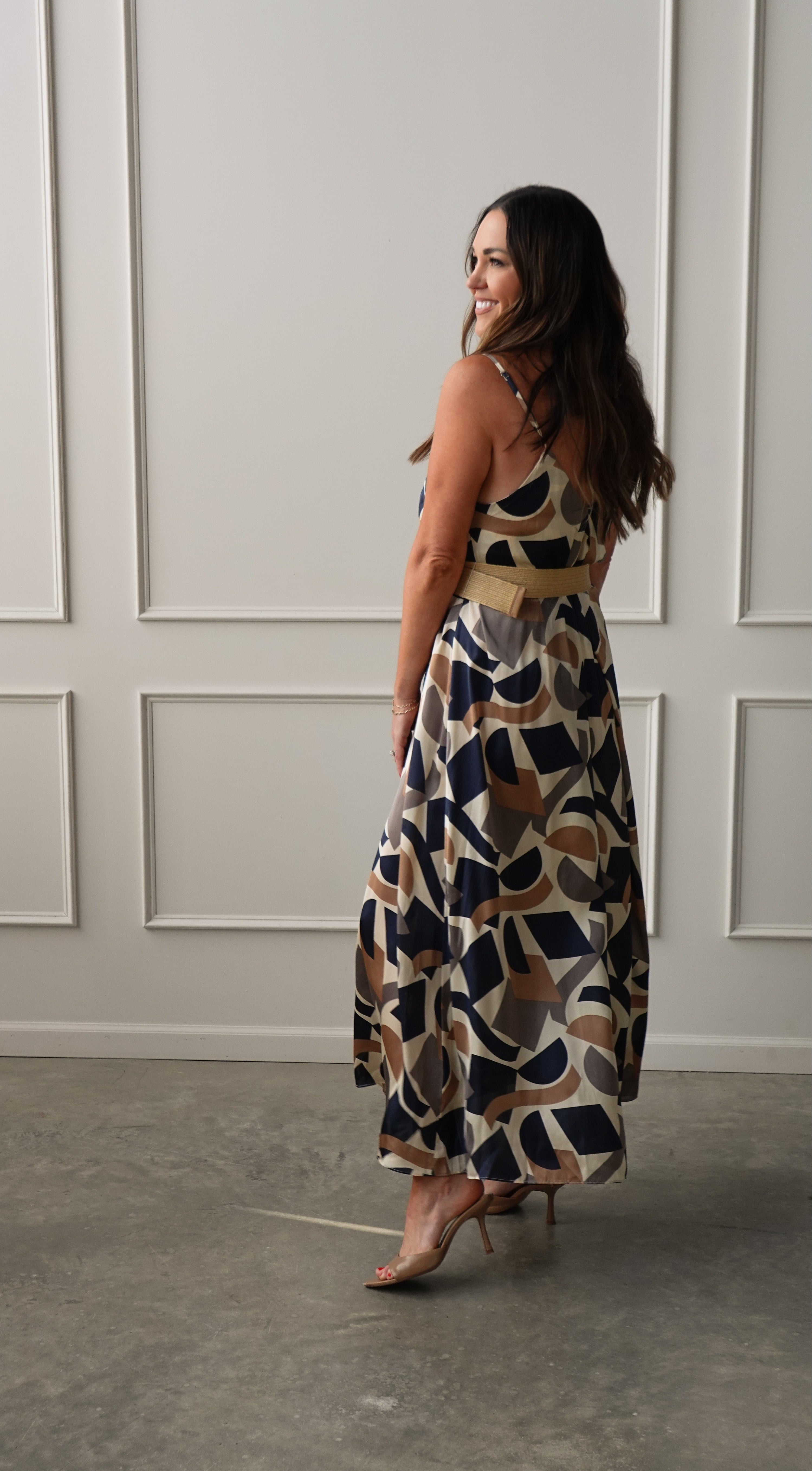 Navy/Taupe Geometric Belted Dress | Elegant Women's Fashion by coolavocek
