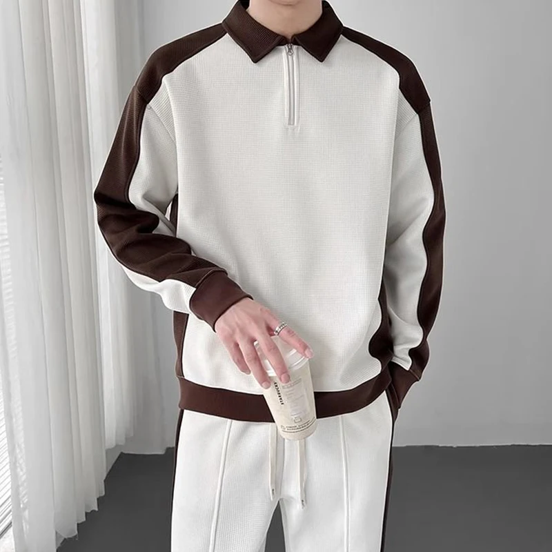 Spring Autumn Korean Fashion Patchwork Sweatshirt Elastic Casual Sweatpants Set Men Loose Comfortable Sporty Pullover Top Pants