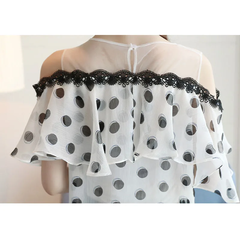 Summer Fashion Shirts Women Elegant Short Sleeve Lady Tops Sweet Polka Dot Chiffon White Blouse Casual Loose Clothes Blusas 0611