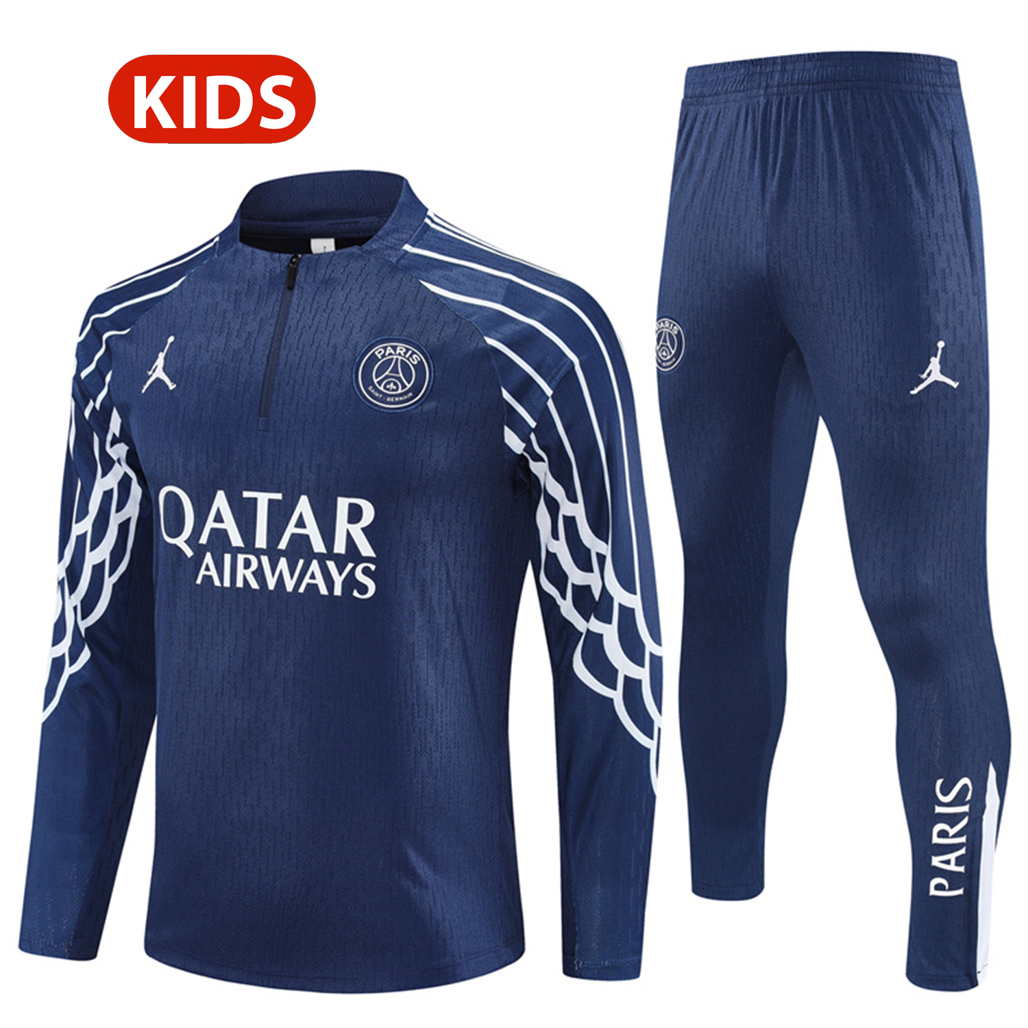 AlphaJersey-Paris Saint-Germain PSG 25-26 Kids Long Sleeve Training Set - JD White Wing Royal Blue Top and Pants