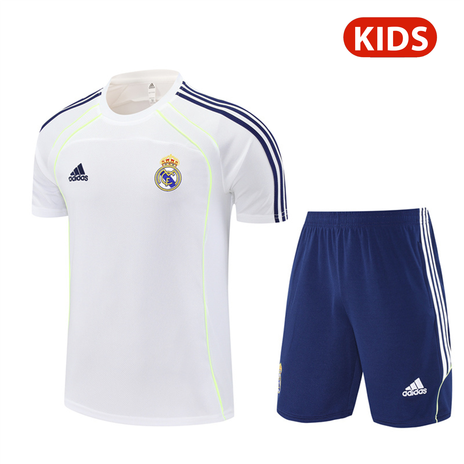 AlphaJersey-Real Madrid 25-26 Kids Short-Sleeve Training Set - White Urban Purist Style Top and Blue Shorts