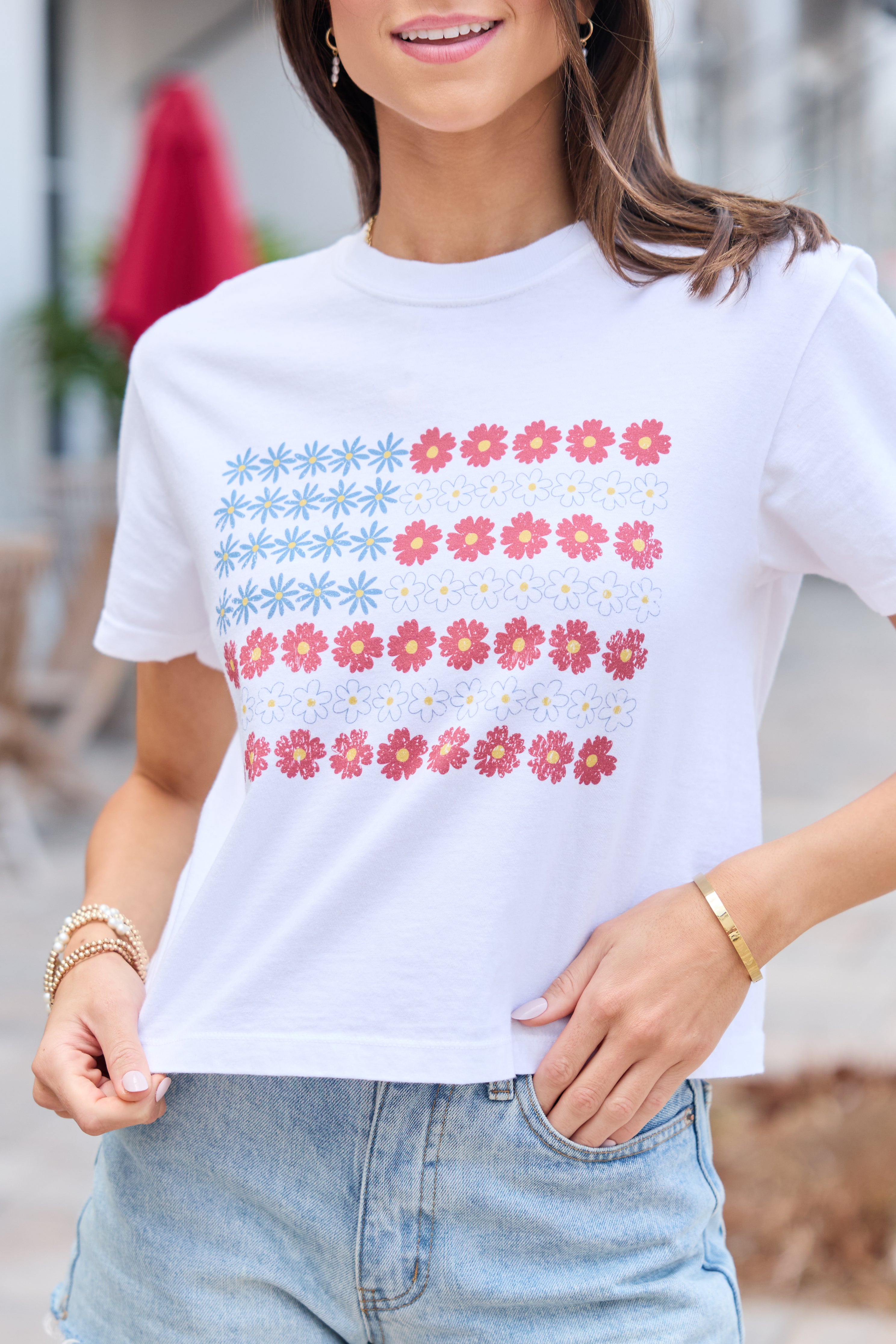 Multi Floral Flag White Boxy Graphic Tee DOORBUSTER | Elegant Women's Fashion by coolavocek