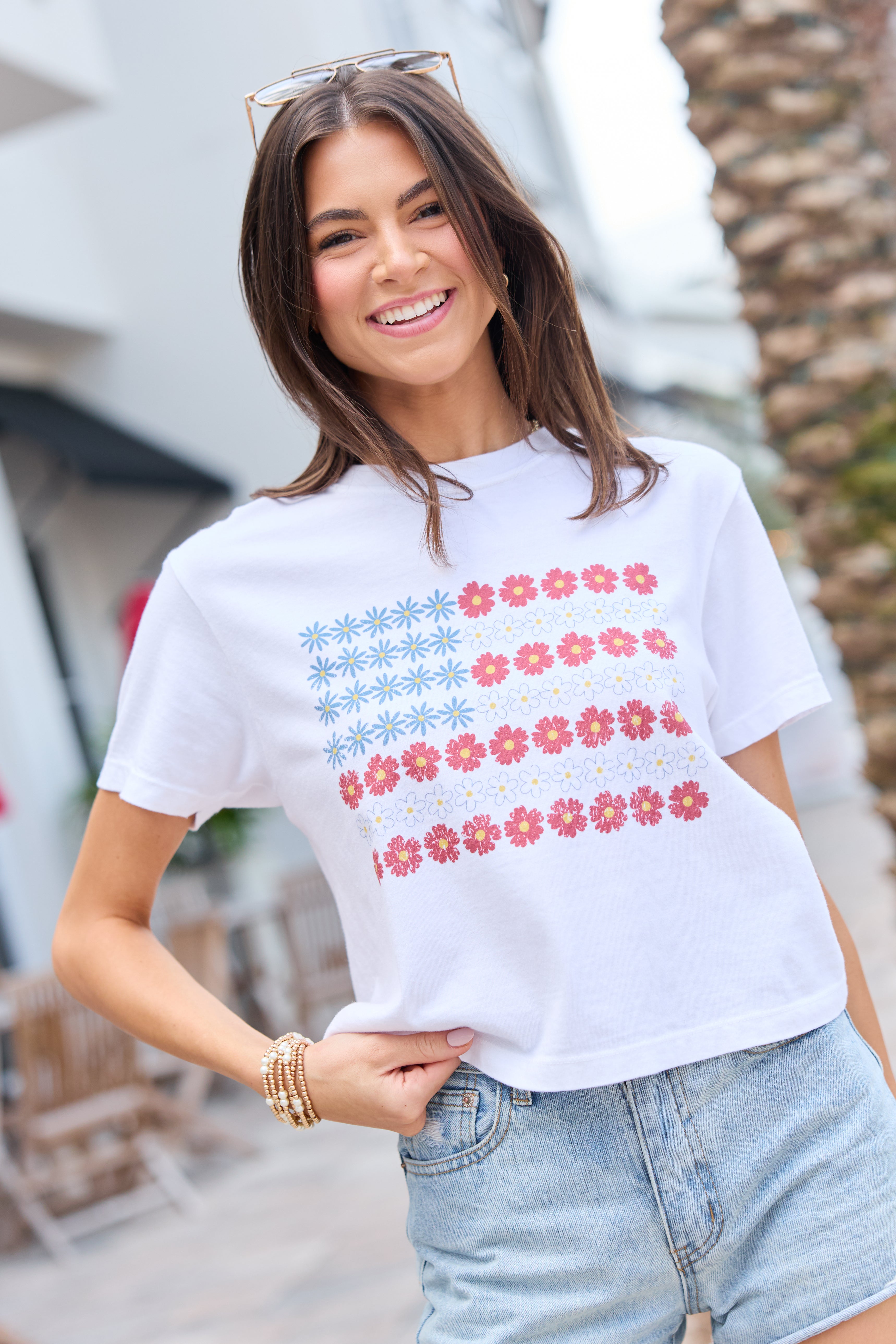 Multi Floral Flag White Boxy Graphic Tee DOORBUSTER | Elegant Women's Fashion by coolavocek