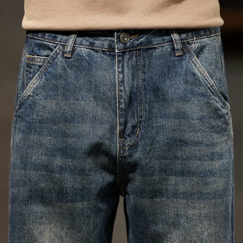 Autumn Winter Vintage Loose Casual Straight Jeans Men Trend Fashion Add Velvet All-match Harem Denim Pants Male Thick Trousers