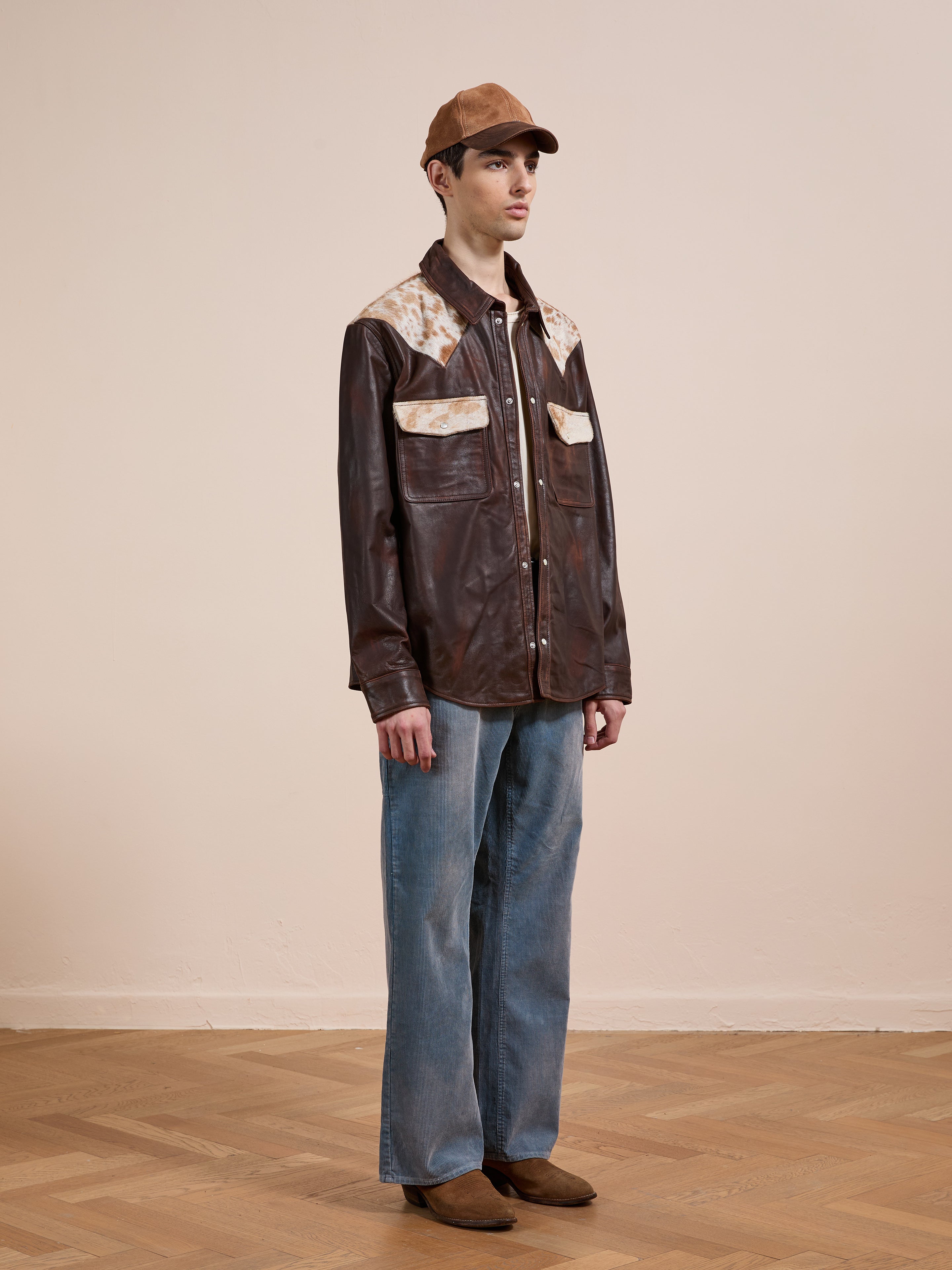 Distressed Leather Cowhide Contrast Western Shirt | Modern Menswear by yycbvcnbmmnbm