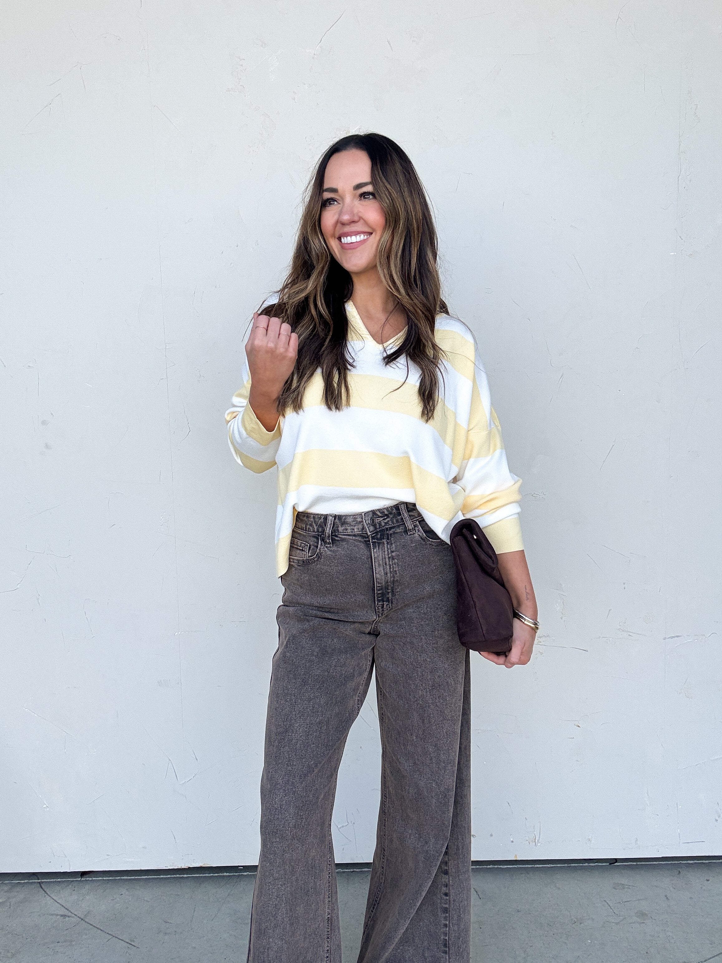 Yellow Striped Split-Neck Sweater | Elegant Women's Fashion by coolavocek