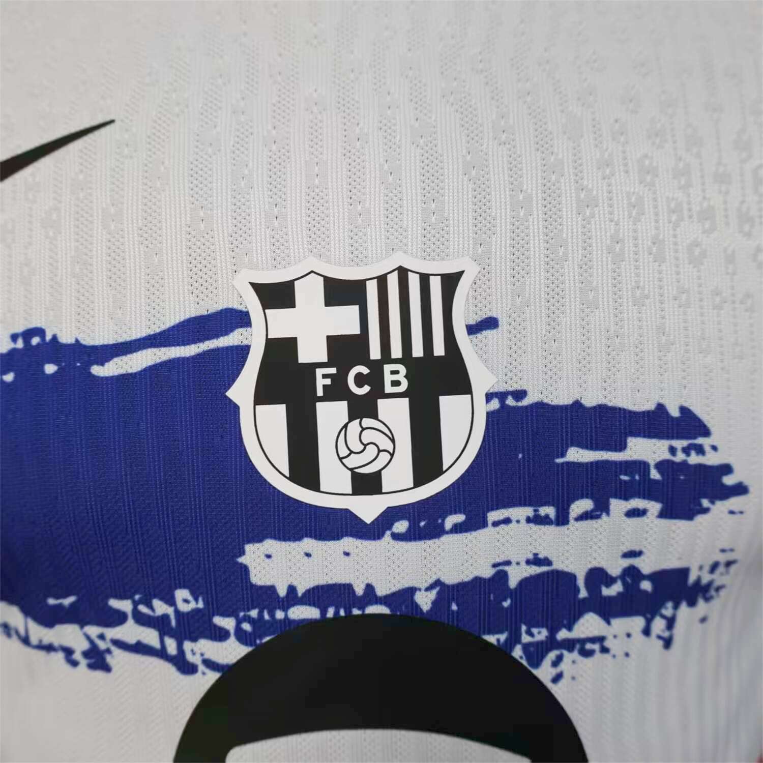 AlphaJersey-Barcelona 25-26 White Jersey with Red Blue Ink Horizontal Stripes Jersey - Player Version