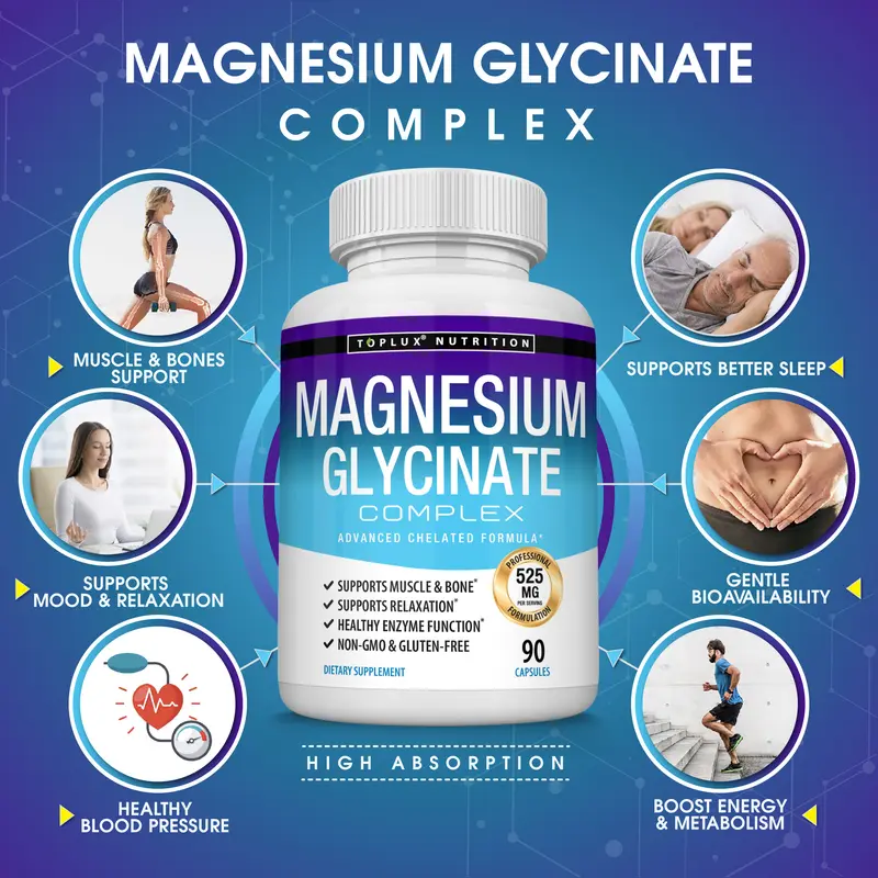 Toplux Magnesium Glycinate 525mg Elemental Magnesium Supplement
