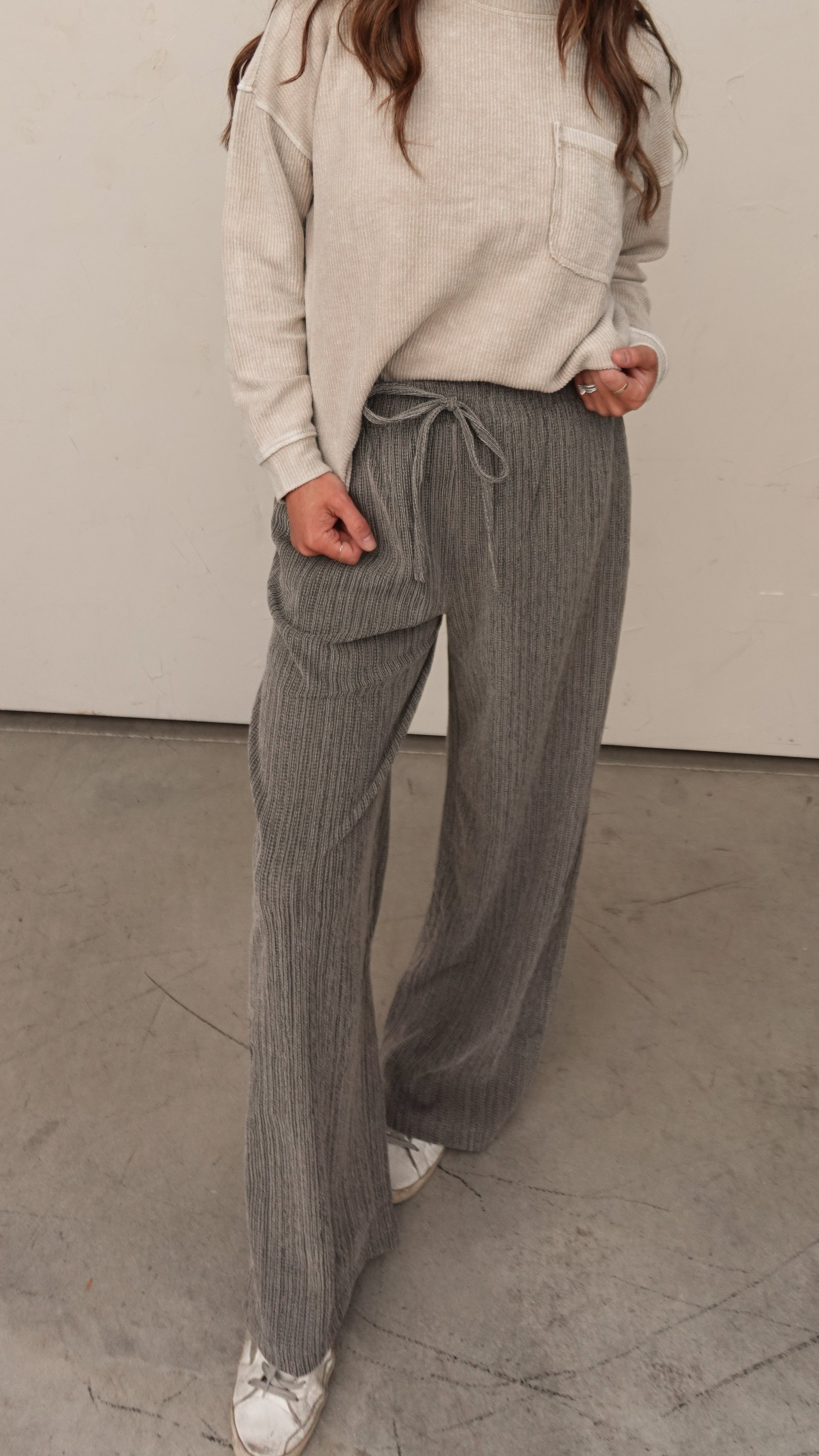 Taupe Textured Knit Drawstring Pant | Elegant Women's Fashion by coolavocek