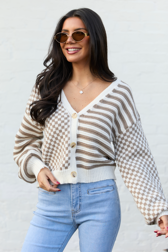Samara Checkered And Stripes Brown And Cream Cardigan SALE | Elegant Women's Fashion by coolavocek