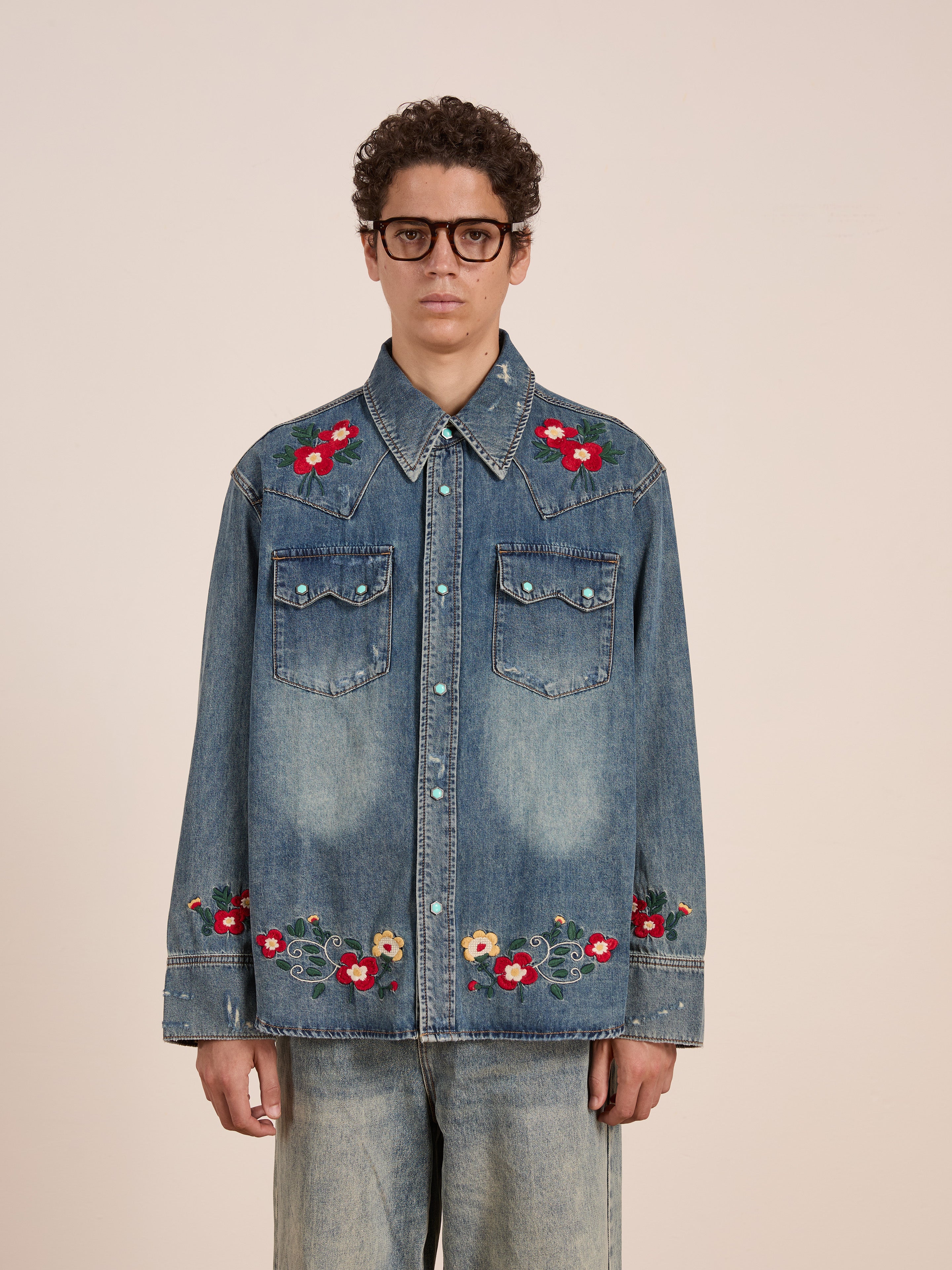 Floral Embroidered Western Denim Shirt | Modern Menswear by yycbvcnbmmnbm