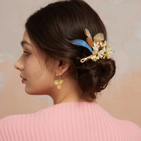 real flower hydrangea drop earrings in yellow colors