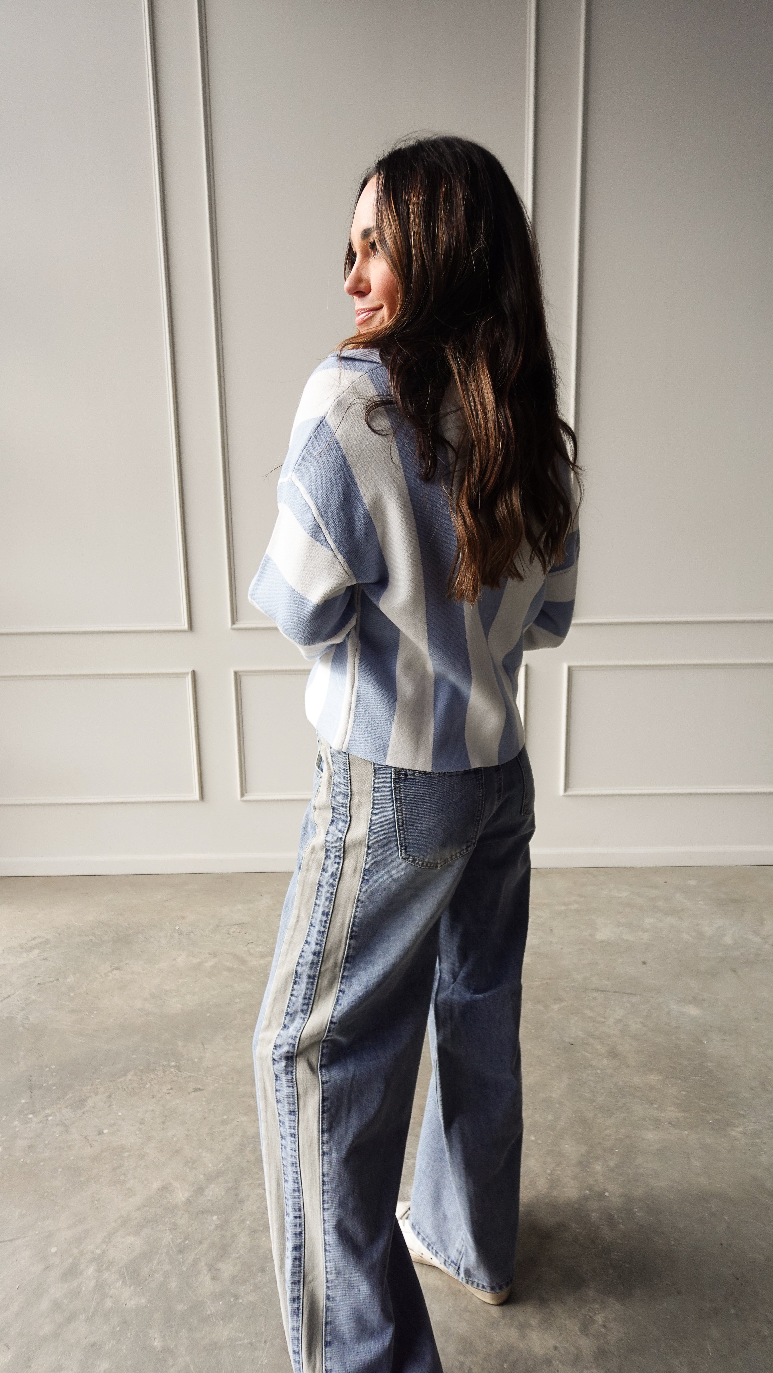 Blue Striped Collared Cardigan | Elegant Women's Fashion by coolavocek