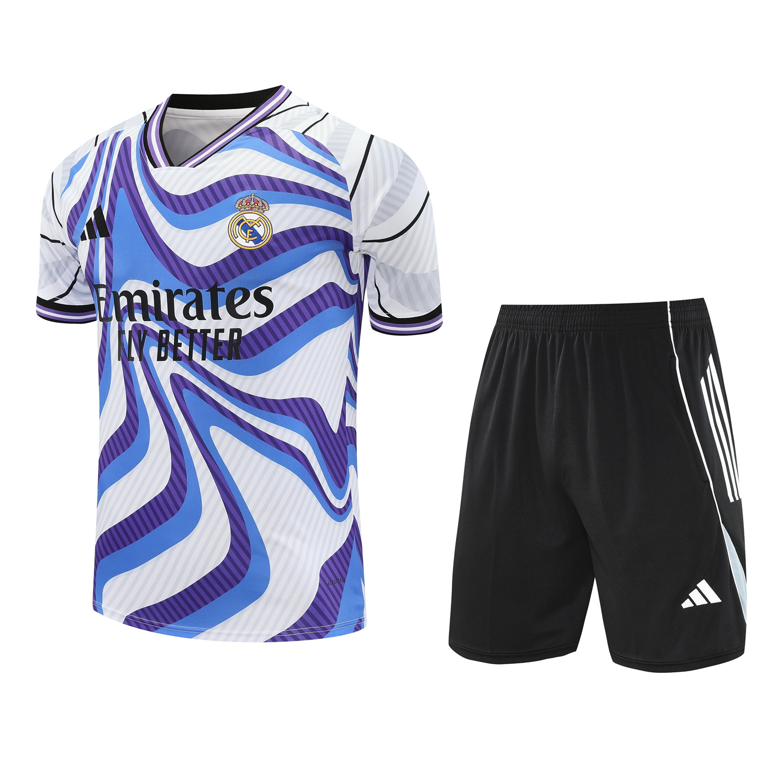 AlphaJersey-Real Madrid 25-26 Short-Sleeve Training Set - Blue Purple Curve Pattern Top & Black Shorts