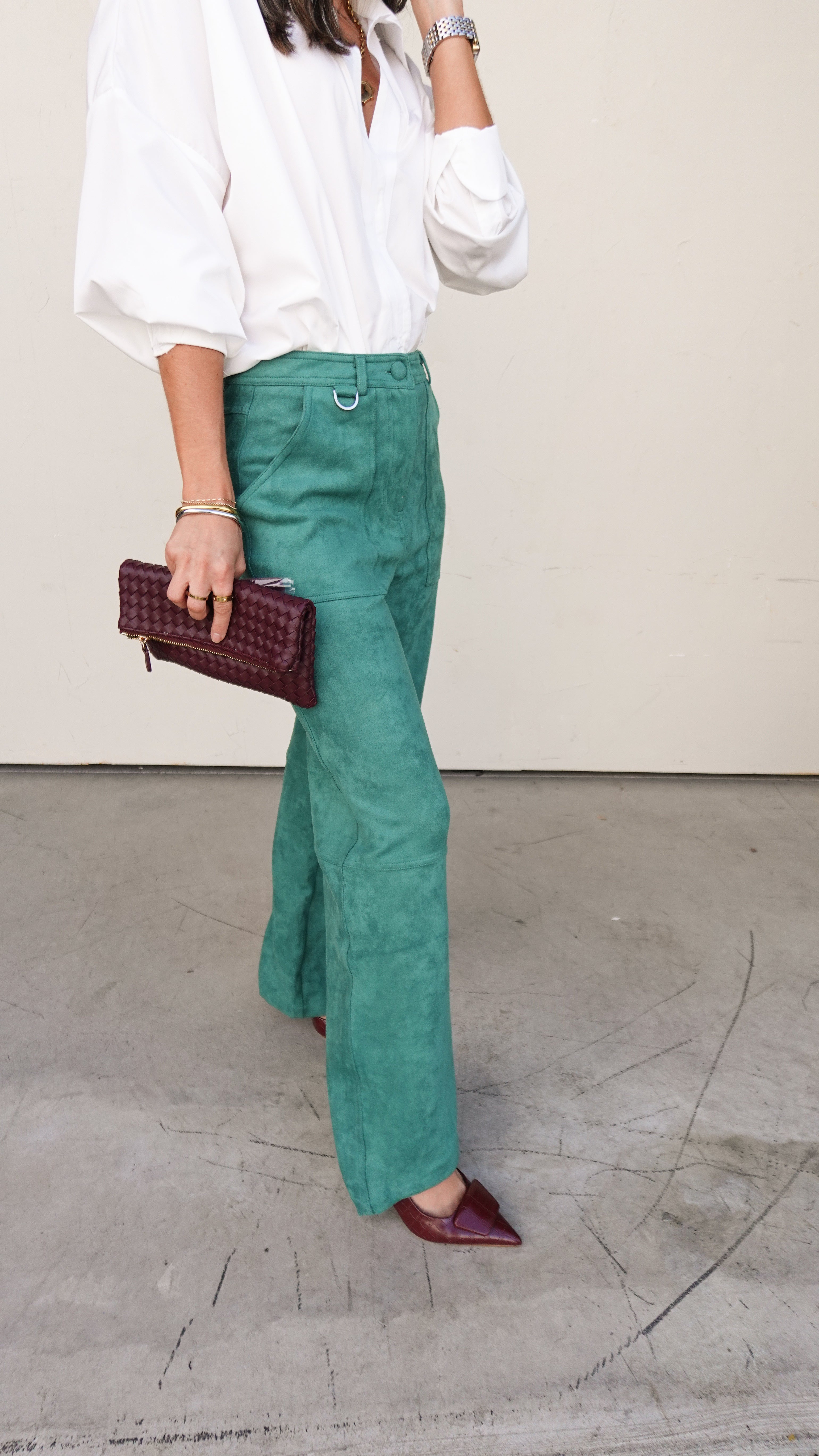 Green Suede Utility Pant | Elegant Women's Fashion by coolavocek
