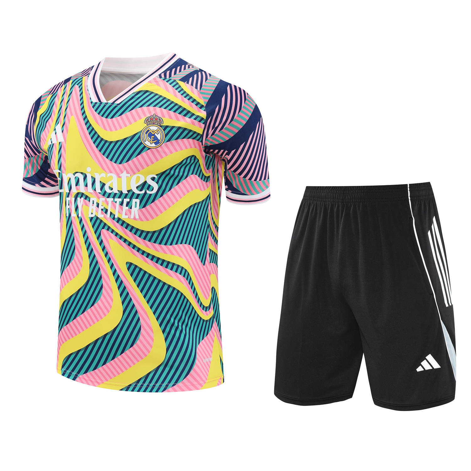 AlphaJersey-Real Madrid 25-26 Short-Sleeve Training Set - Colorful Curve Pattern Top & Black Shorts
