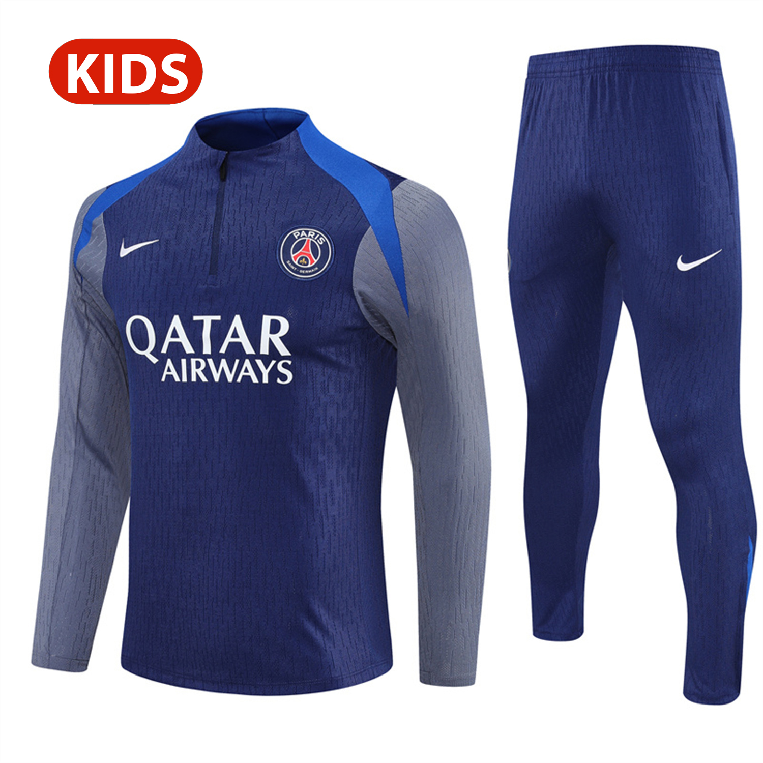 AlphaJersey-Paris Saint-Germain PSG 25-26 Kid Long Sleeves Training Set - Royal Blue Gray Sleeves Top & Royal Blue Pants