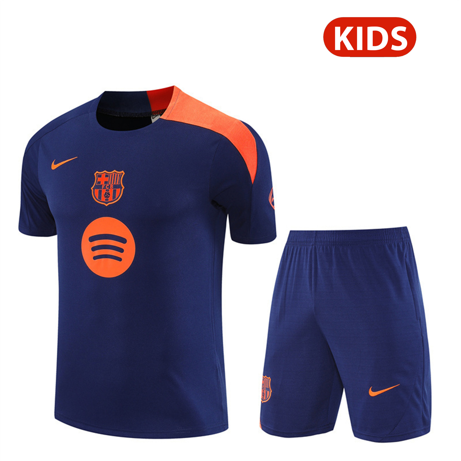 AlphaJersey-Barcelona 25-26 Kids Short-Sleeve Training Set - Royal Blue Top Orange Sponsor & Royal Blue Shorts