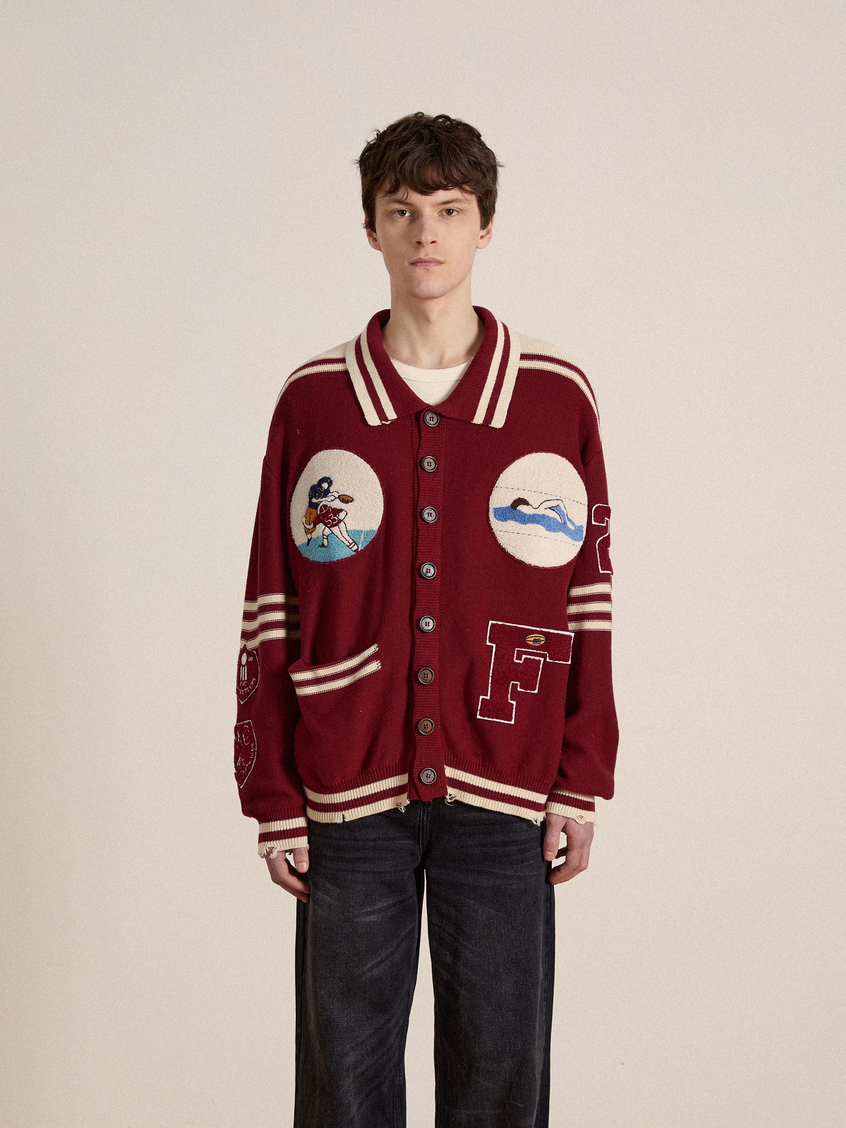 Fin Varsity Patch Collared Cardigan | Modern Menswear by yycbvcnbmmnbm