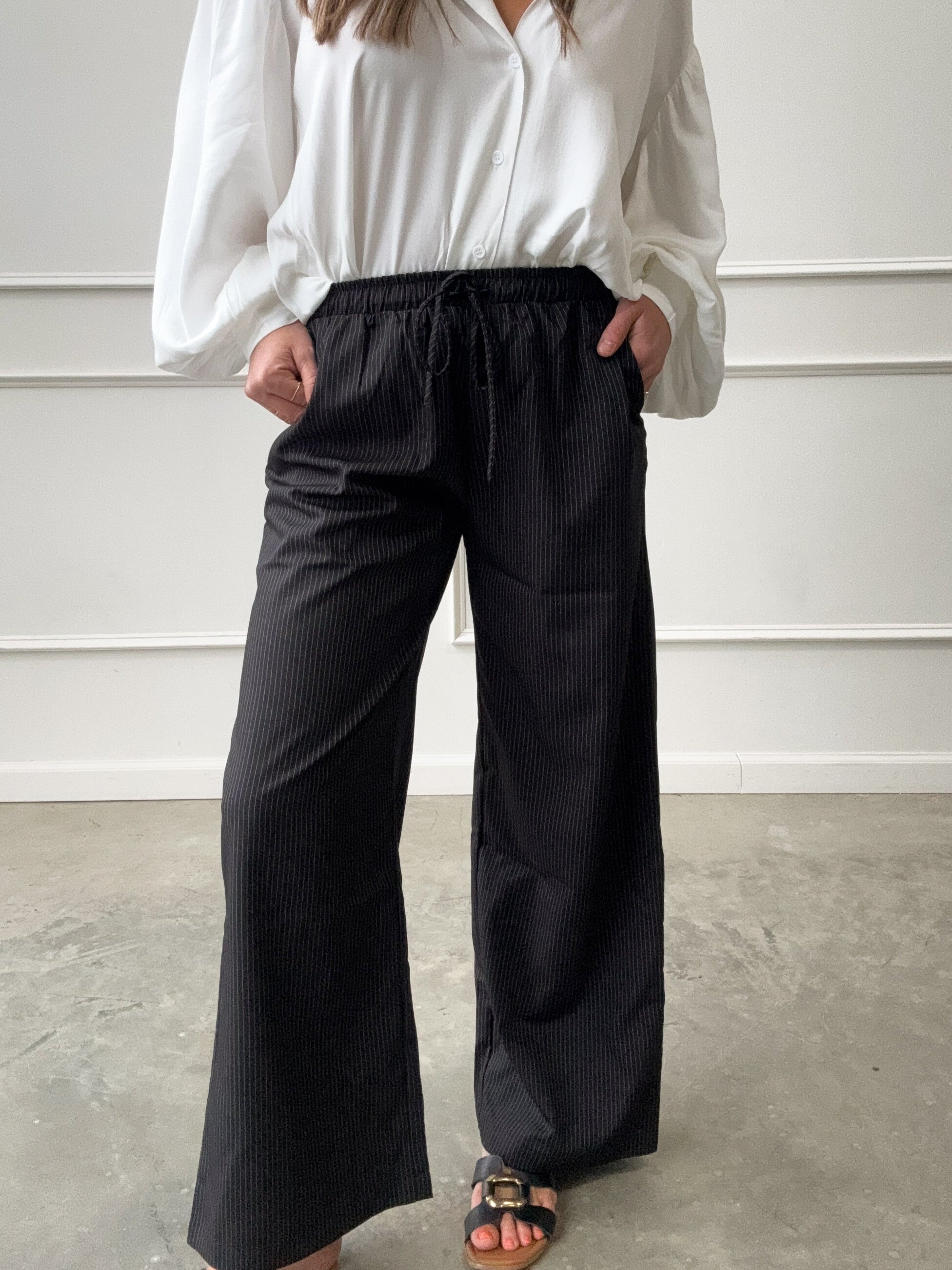 Black Pinstripe Elastic-Waist Pant | Elegant Women's Fashion by coolavocek