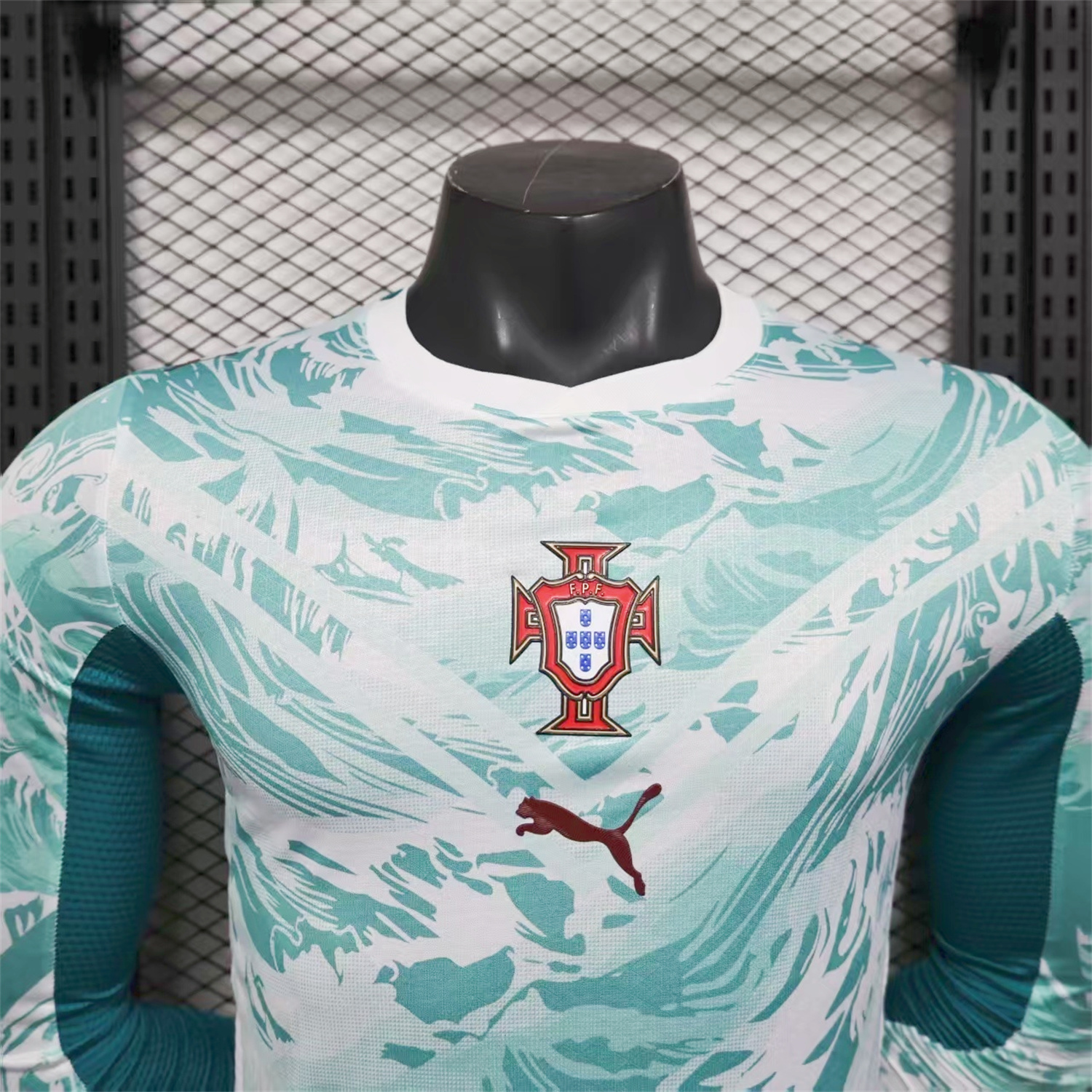 AlphaJersey-Portugal 2026 Away White And Cyan Long Sleeves Jersey - Player Version