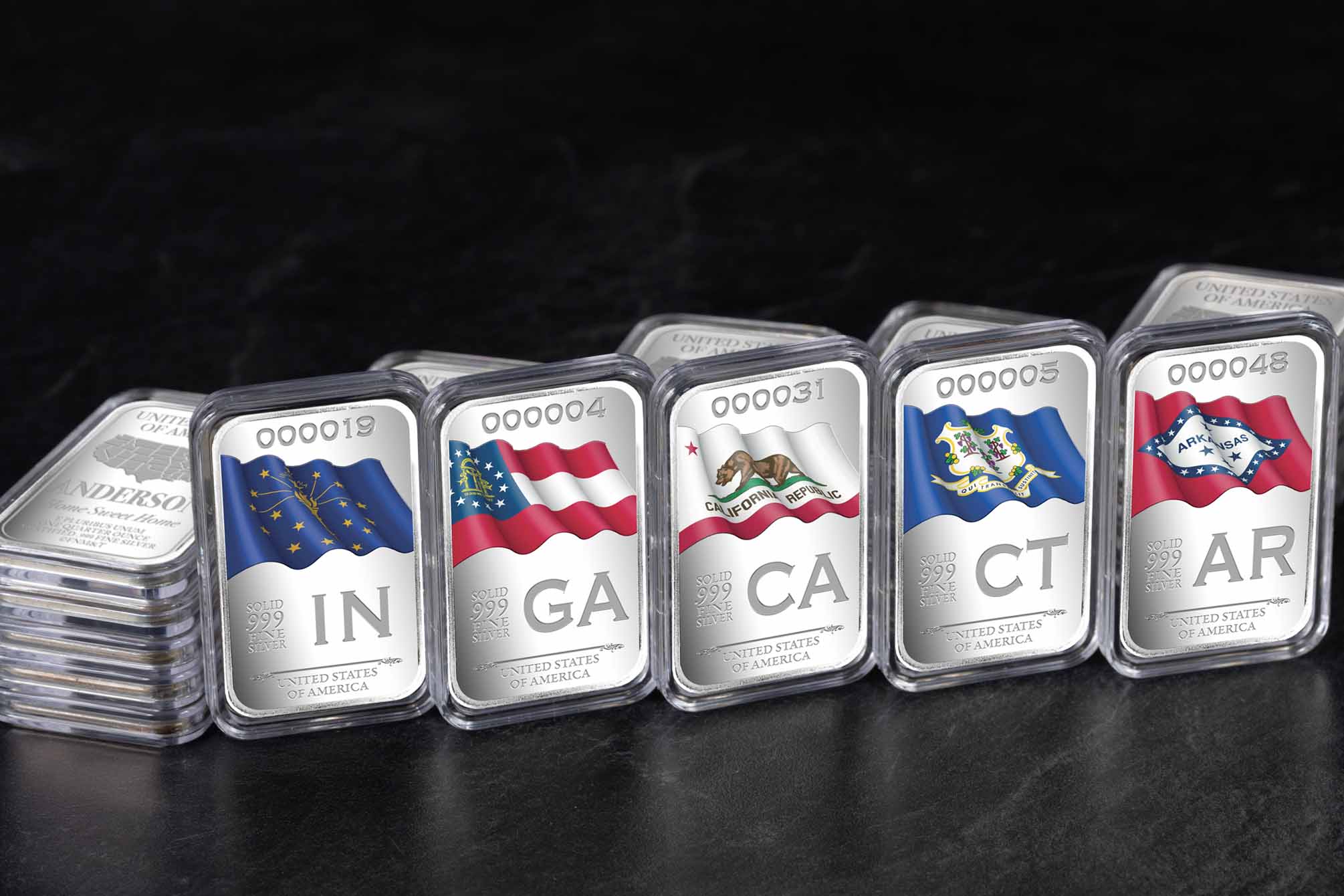 State Flag Silver Bars - Stack Set 2 (IN, GA, CA, CT, AR)